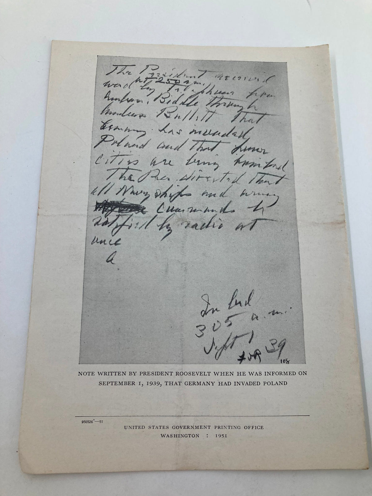 1951 Program Souvenir from The Franklin D. Roosevelt Library featuring a note written by President Roosevelt regarding Germany's invasion of Poland on September 1, 1939.