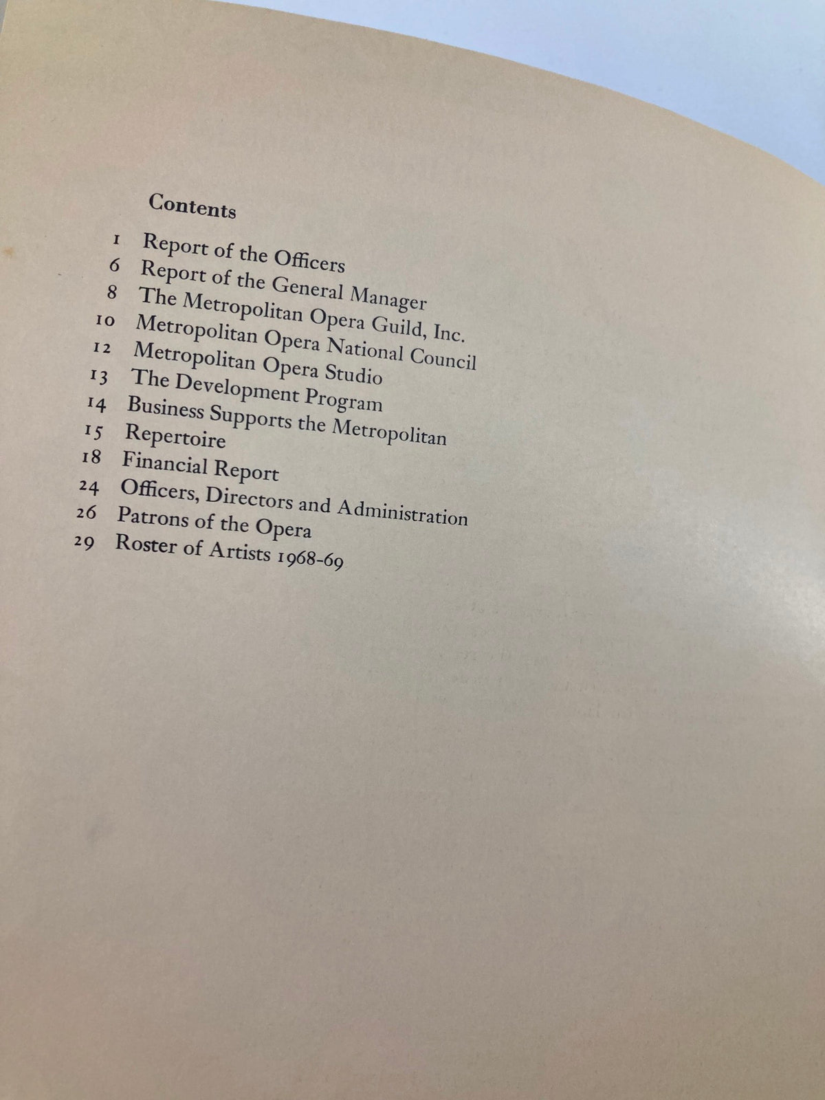 Contents page of the 1968 Program Souvenir Metropolitan Opera Association Annual Report, listing key sections including reports from the officers and details on the Metropolitan Opera Studio.