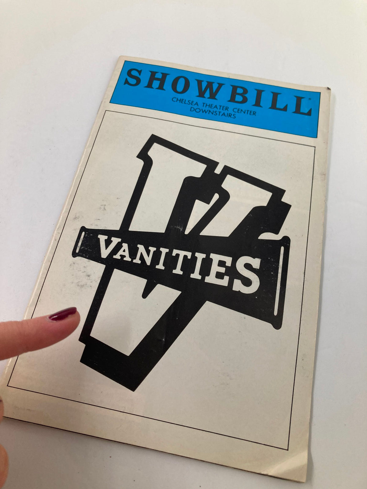 1980 Showbill Chelsea Theater Center Downstairs Sally Sockwell in Vanities with a finger pointing at the logo.