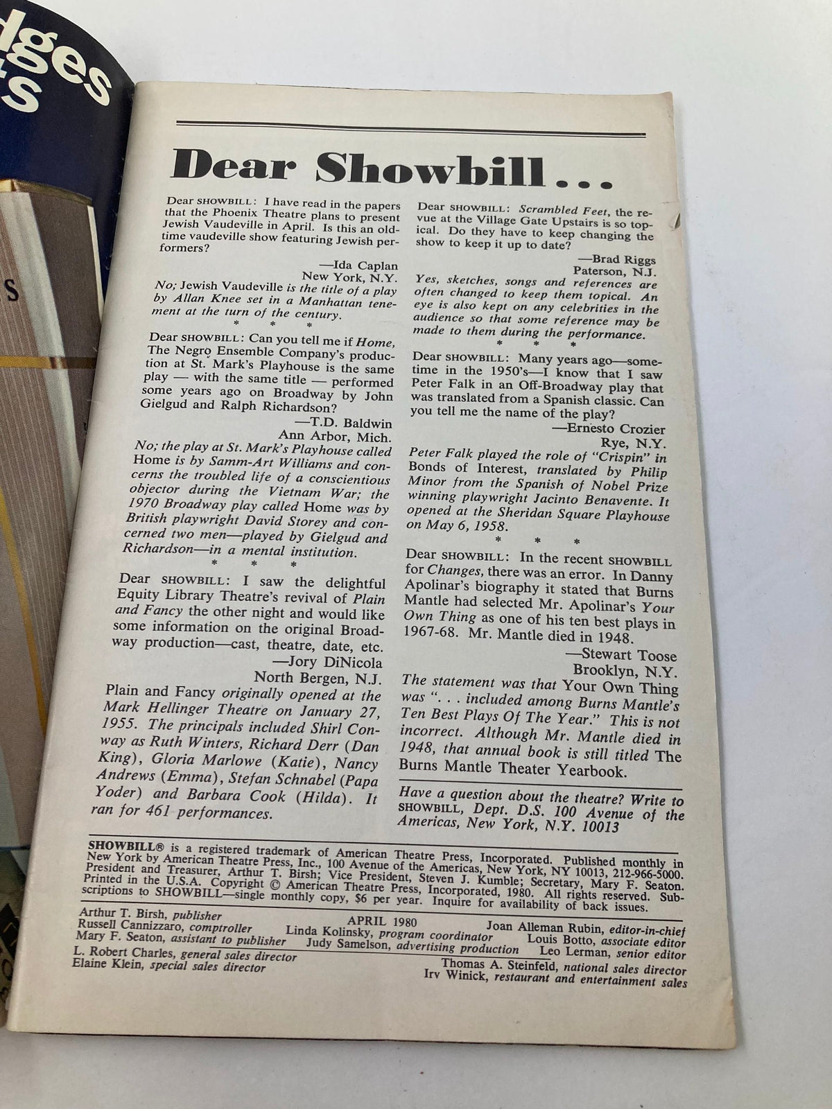 Interior page of the 1980 Showbill Chelsea Theater Center Downstairs Sally Sockwell in Vanities featuring letters and commentary relevant to the theater.
