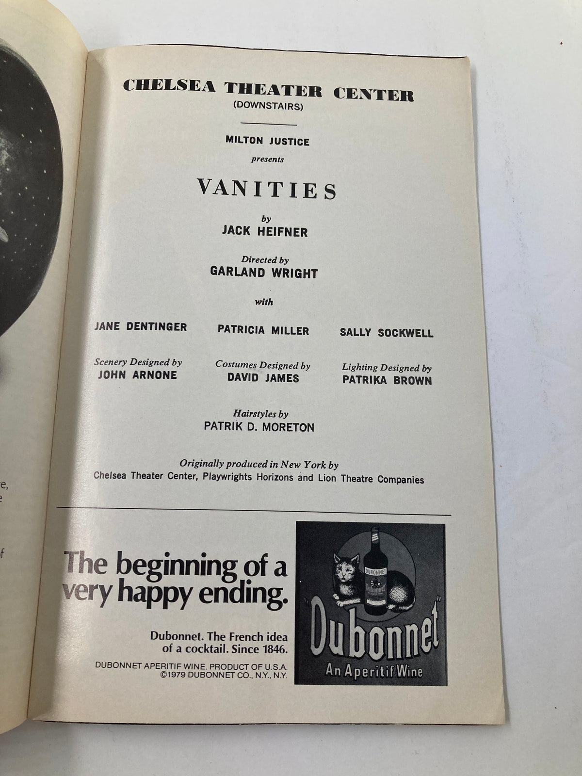 1980 Showbill for 'Vanities' at Chelsea Theater Center featuring cast members including Sally Sockwell; includes production details, director Garland Wright, and an advertisement for Dubonnet wine.