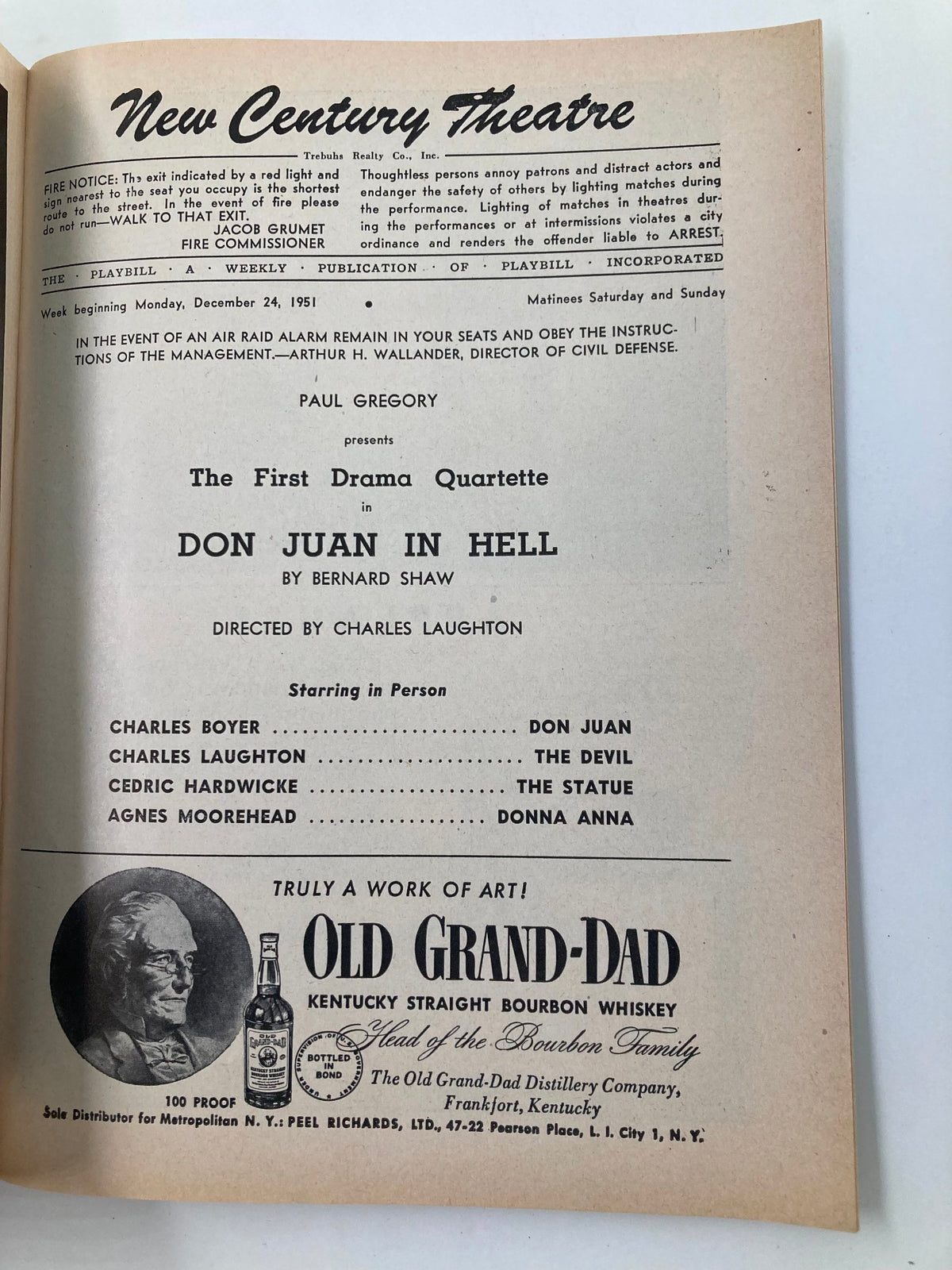 Inside page of the 1951 Playbill for New Century Theatre presenting Don Juan in Hell, detailing the performances and cast led by Charles Boyer.