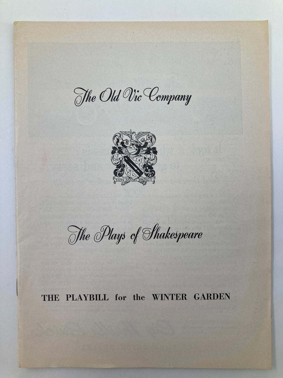 Cover of the 1956 Playbill for Winter Garden featuring The Old Vic Company, showcasing the title 'The Plays of Shakespeare' and a decorative emblem.
