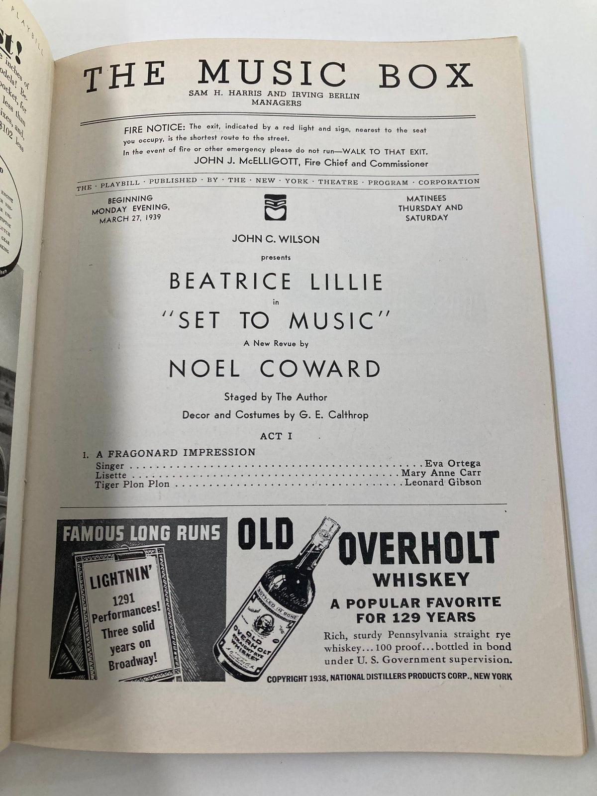 1939 Playbill for The Music Box, showcasing interior details including cast listings and production credits for Beatrice Lillie's show "Set To Music" by Noel Coward.