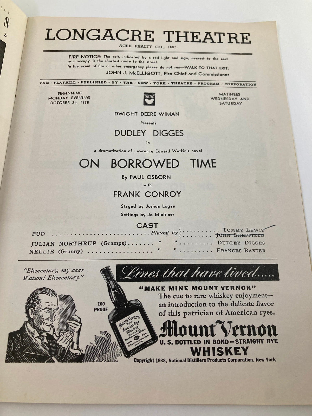 Inside view of the 1938 Playbill from Longacre Theatre for On Borrowed Time, showcasing the cast and production details.