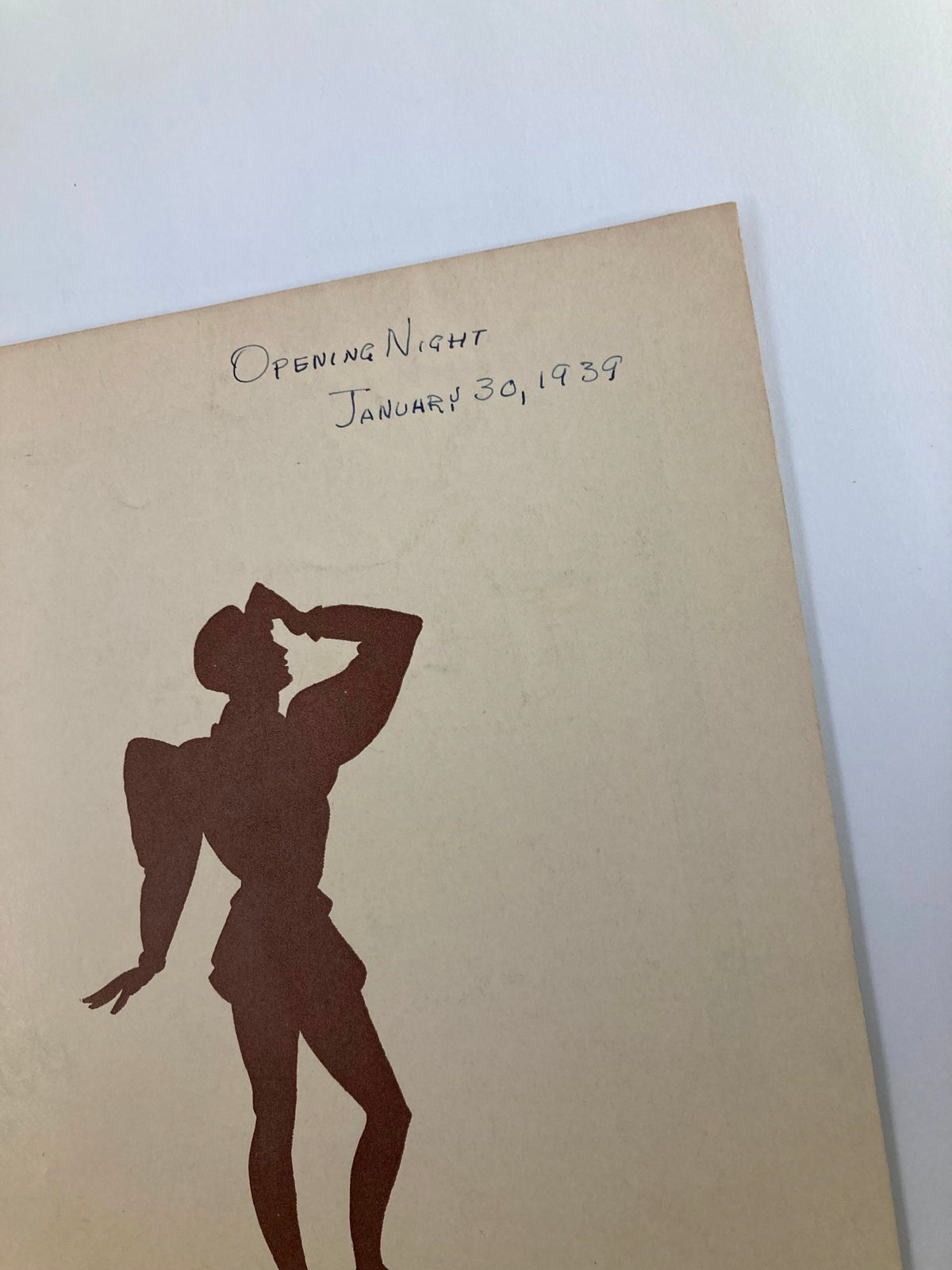 Close-up of the top corner of the 1939 Playbill for the St. James Theatre showing the note 'Opening Night January 30, 1939'.