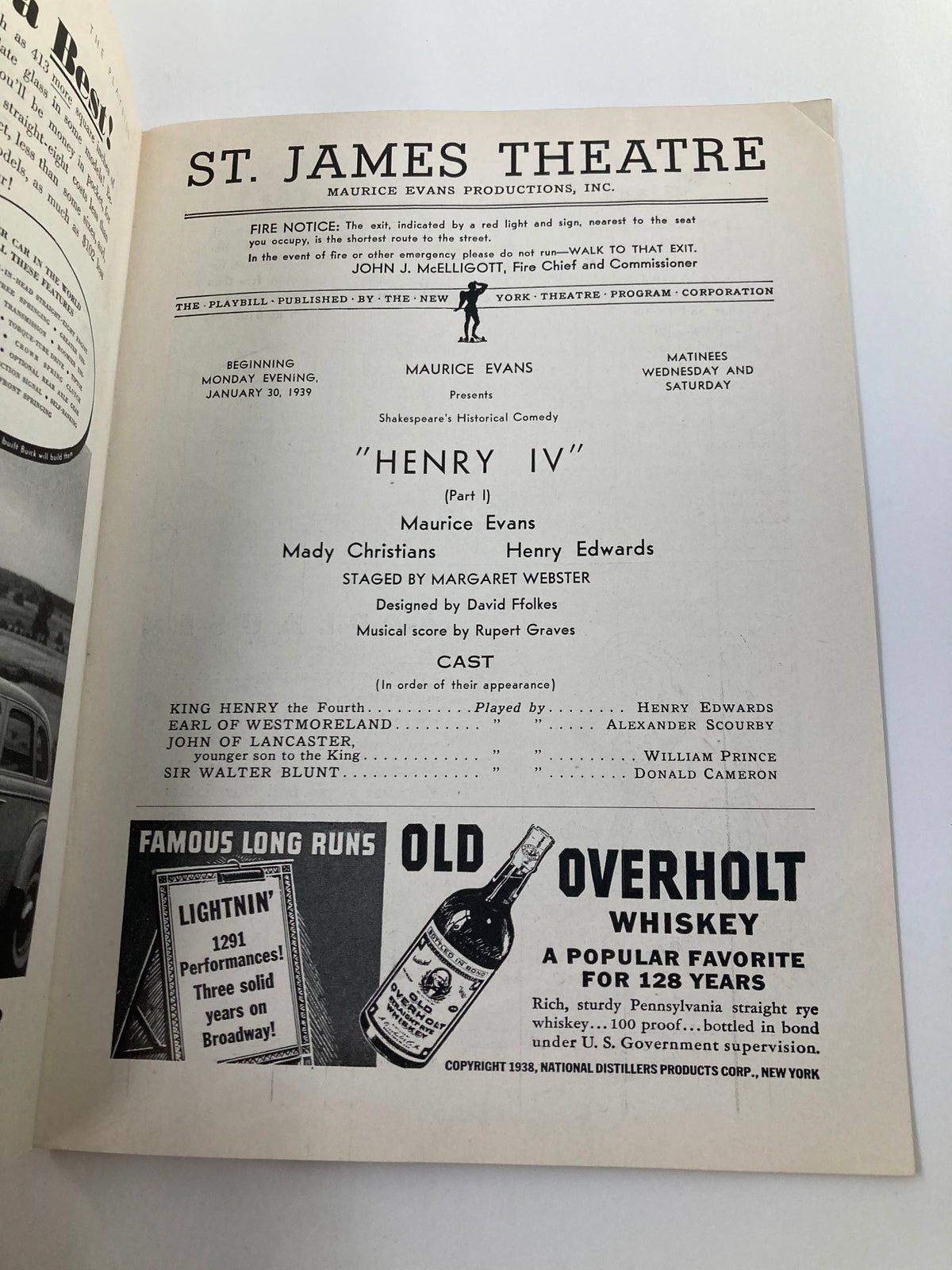 Interior page of the 1939 Playbill for the St. James Theatre, detailing the production of Henry IV starring Maurice Evans and Mady Christians, with a cast list and advertisements.