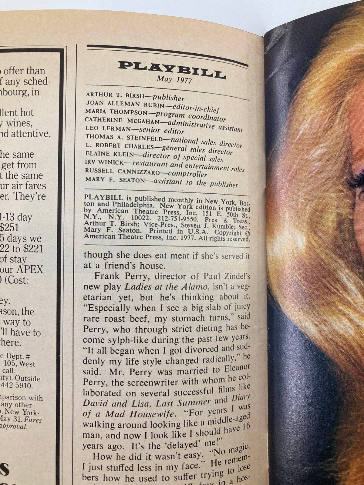 Inside page of the 1977 Playbill from Biltmore Theatre highlighting details from the May 1977 issue, including editorial staff and publication information.