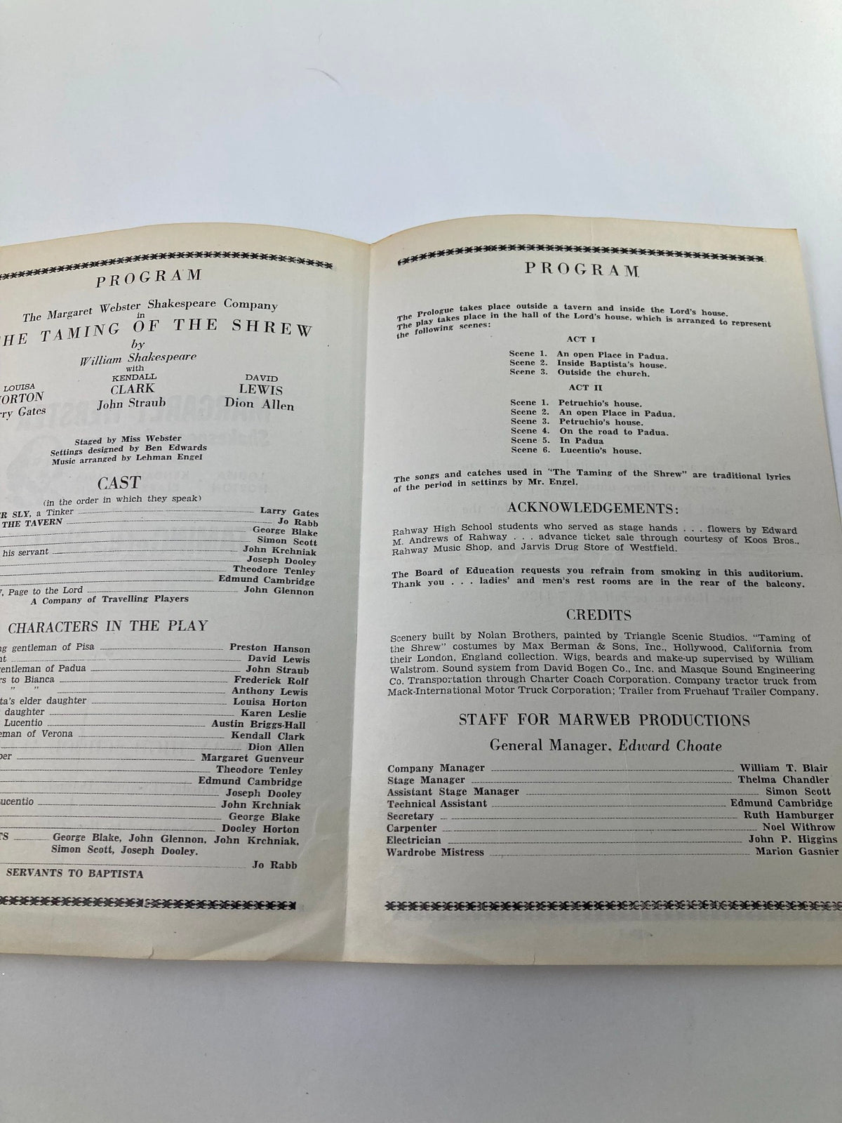 Inside view of the 1949 Rahway High School Auditorium program for Taming of the Shrew, listing the cast and production details.