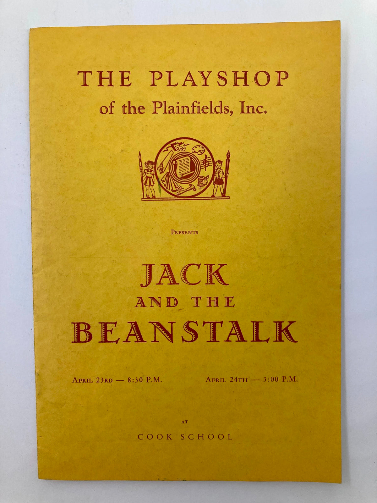 The Playshop of the Plainfields, Inc. presents 'Jack and the Beanstalk', a vintage playbill from the 1960's covering the performance details and theater event.