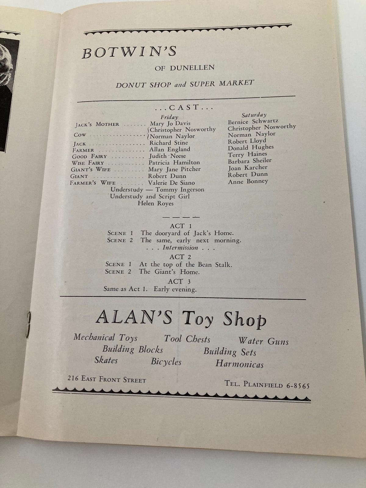 Advertising page from the 1960's The Playshop Souvenir Program for 'Jack and the Beanstalk', listing local businesses supporting the production, including a toy shop and donut shop.