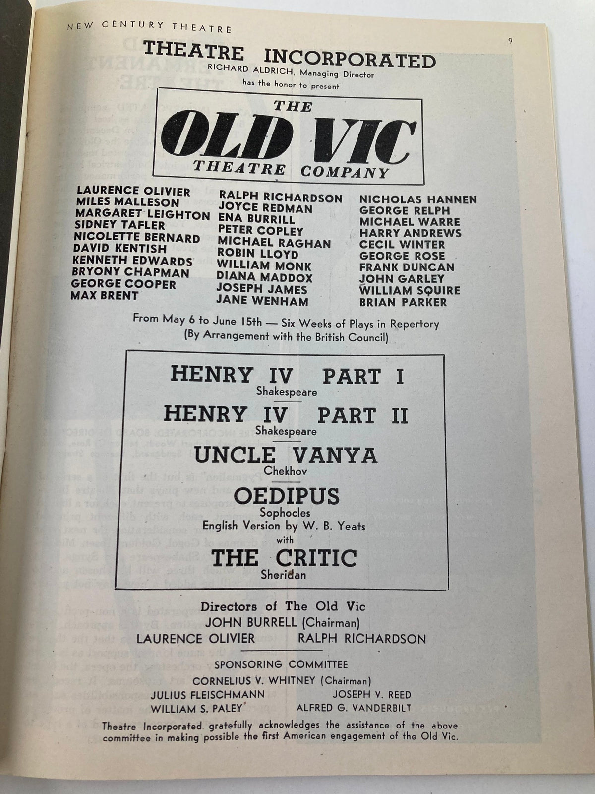 Interior page of the 1946 Playbill from the New Century Theatre, listing cast members from The Old Vic Company's performance of Henry IV Part I.