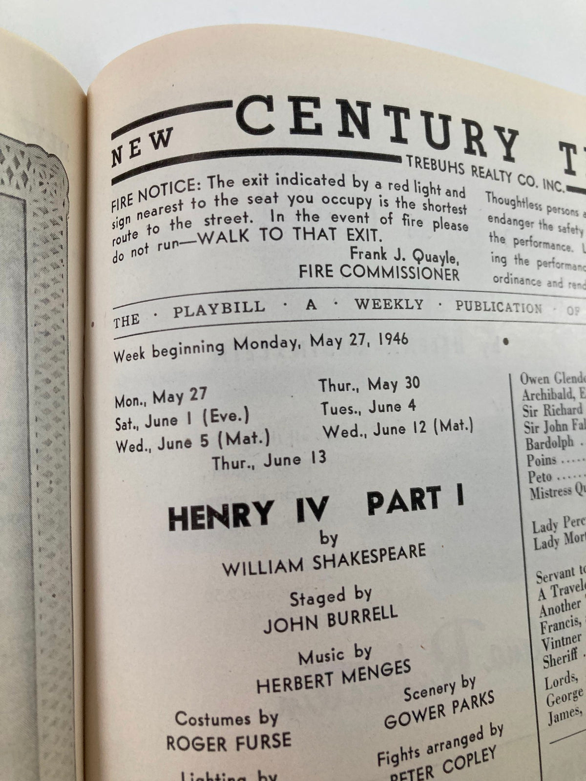 Another interior page of the 1946 Playbill from New Century Theatre, showing the performance dates for Henry IV Part I by The Old Vic Company.