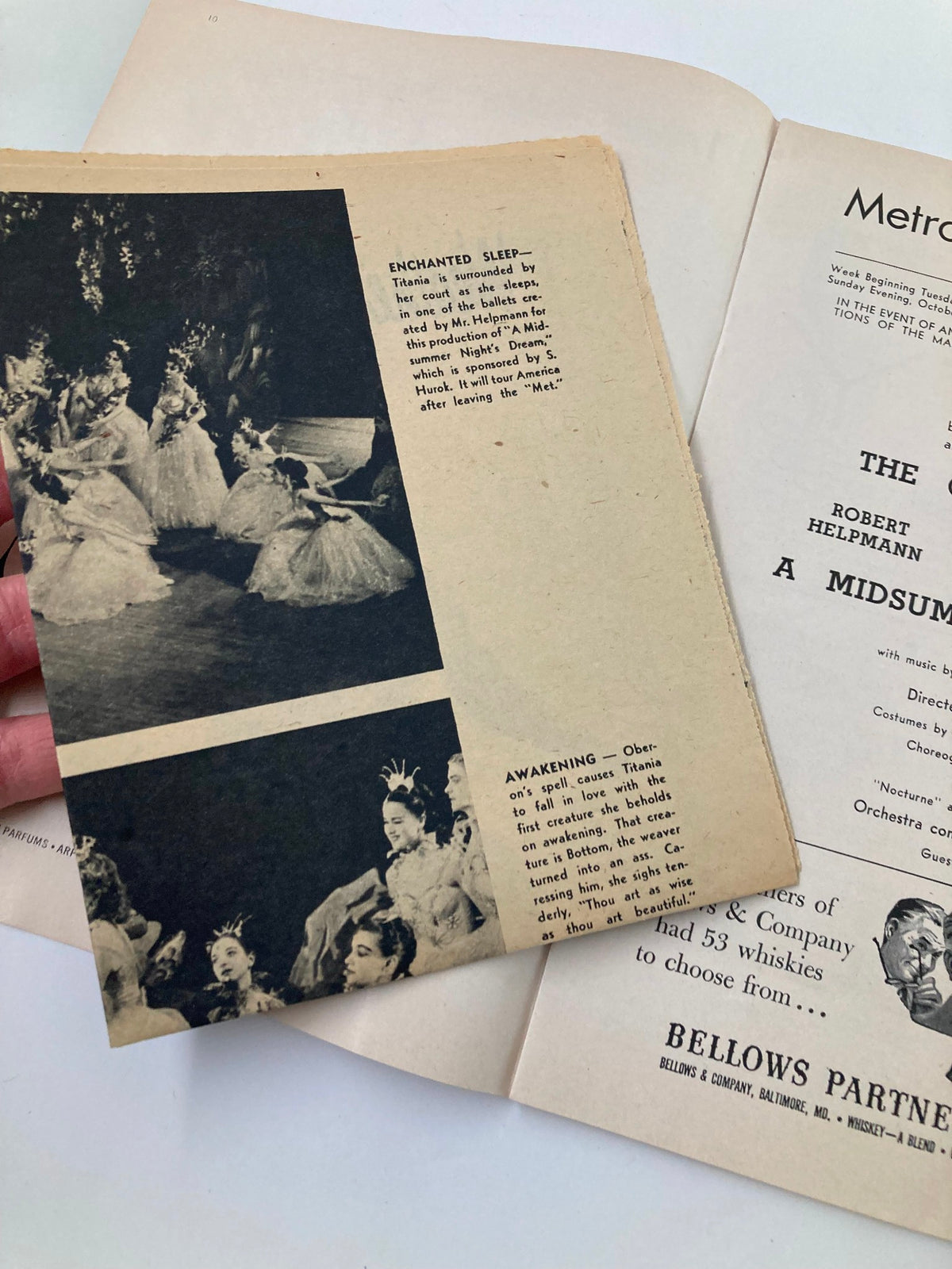 Inside page of the 1954 Souvenir Program from the Metropolitan Opera House showcasing a scene from 'A Midsummer Night's Dream' with dancers in costumes.
