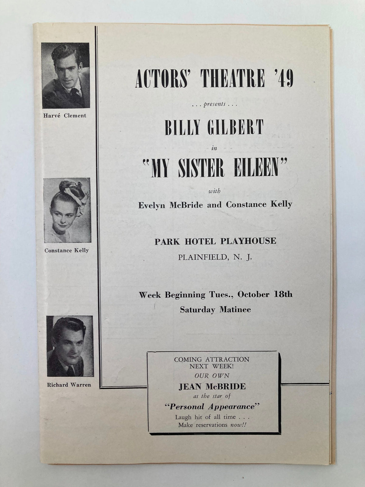 1949 Souvenir Program Actors' Theatre featuring Billy Gilbert in My Sister Eileen, with cast listing and details about the production at Park Hotel Playhouse.