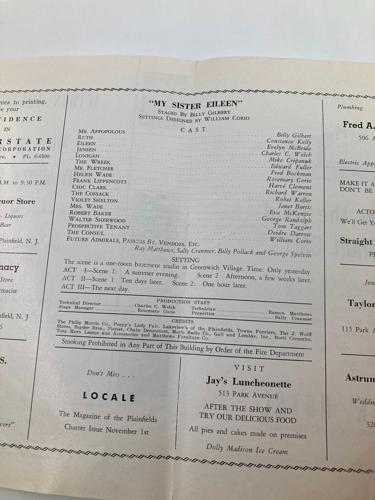 1949 Souvenir Program Actors' Theatre for My Sister Eileen, showcasing the cast and staging information, designed by William Corio.