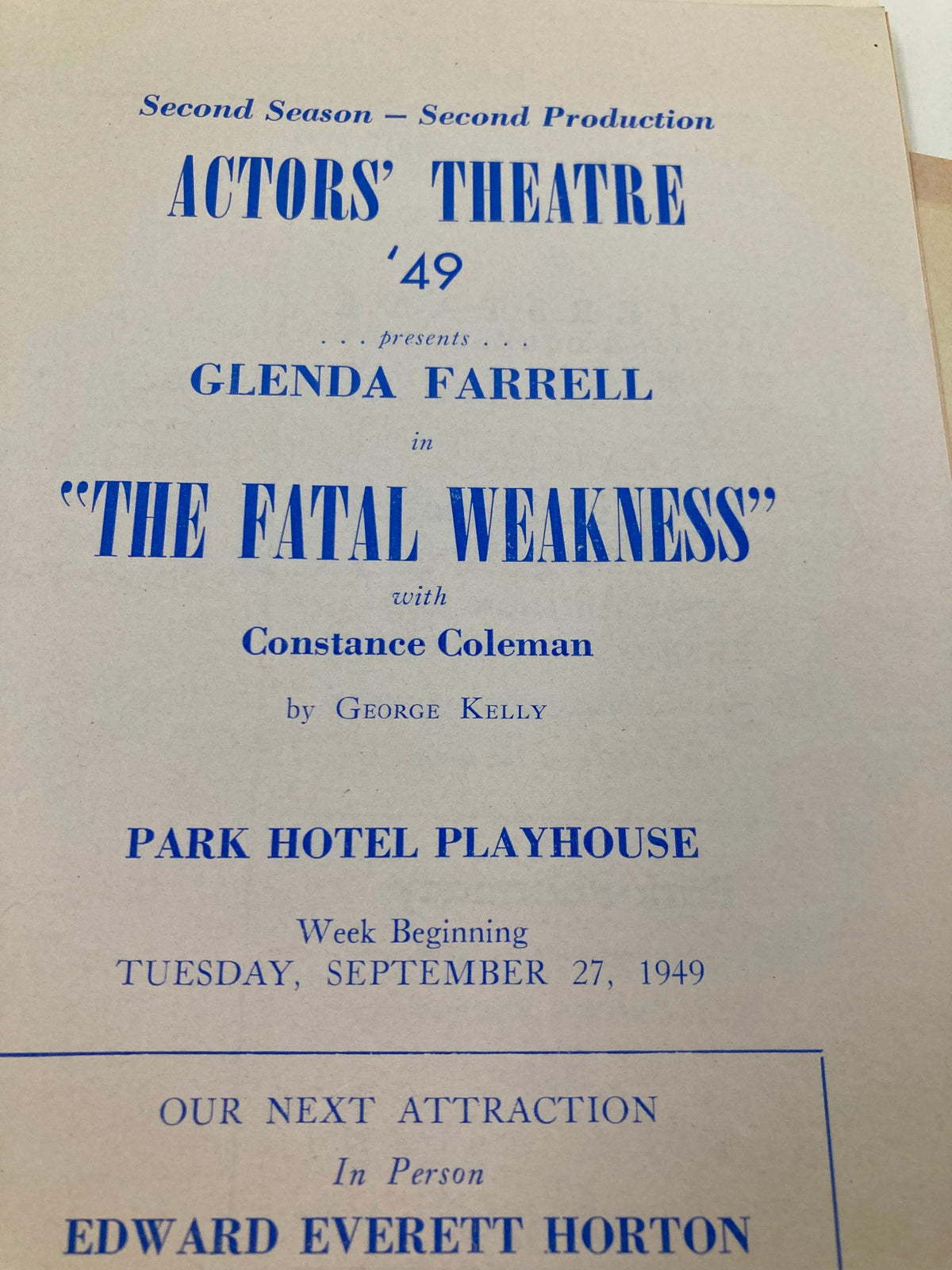 Cover page of the 1949 Souvenir Program from Actors' Theatre presenting Glenda Farrell in 'The Fatal Weakness,' with details about the performance schedule and additional attractions.