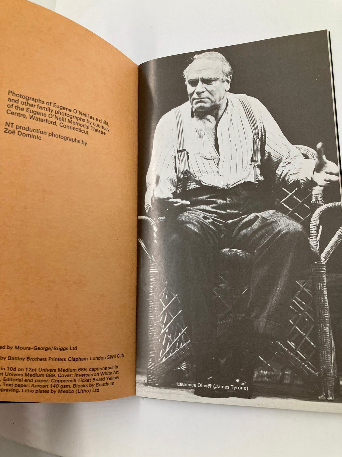 Interior page of the 1963-1971 Souvenir Program showcasing a photograph of Laurence Olivier as James Tyrone in the National Theatre's production of 'Long Day's Journey Into Night.'