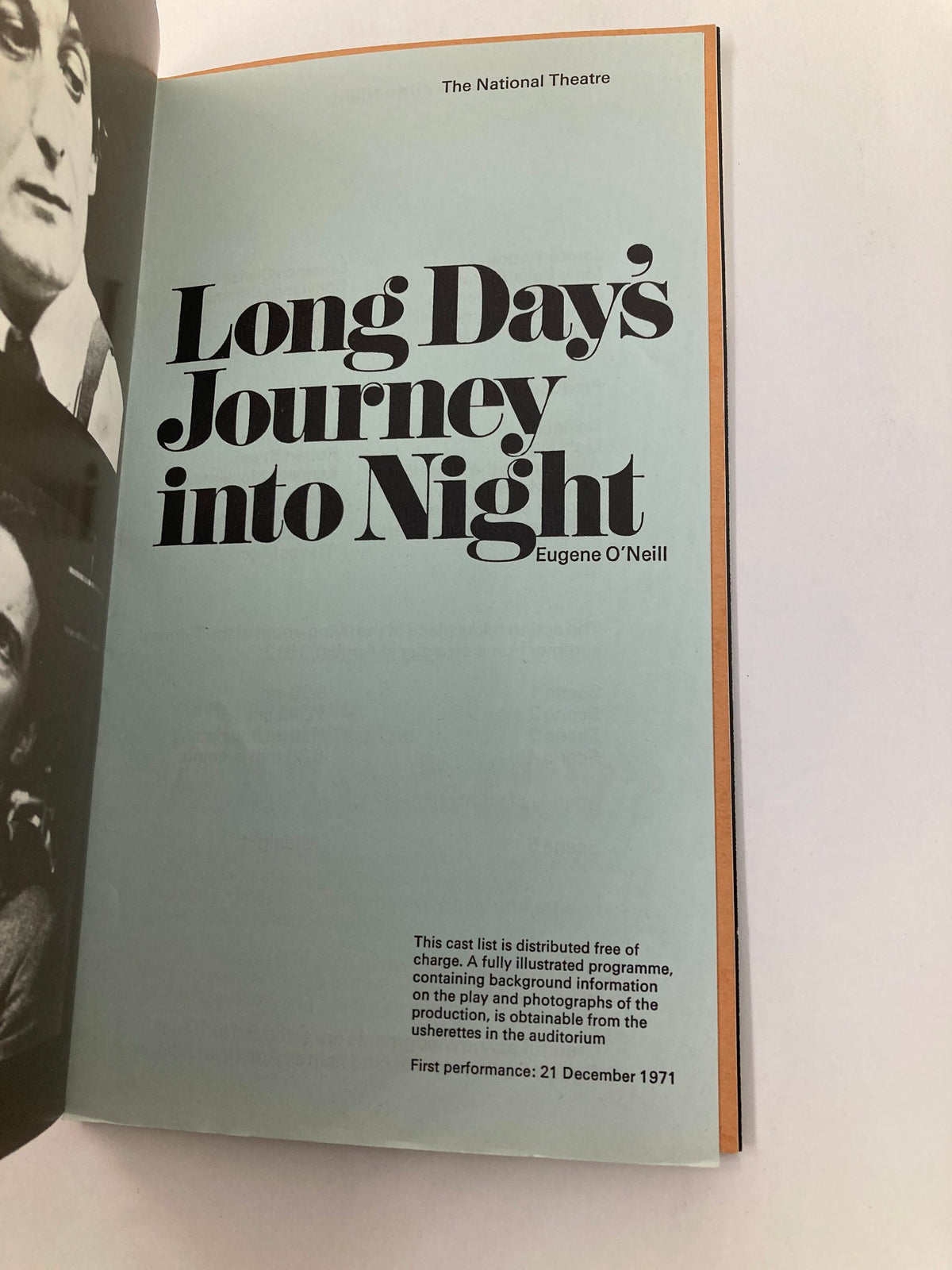Another interior page of the 1963-1971 Souvenir Program from The National Theatre, displaying the cast list for 'Long Day's Journey Into Night' by Eugene O'Neill, with publication details.
