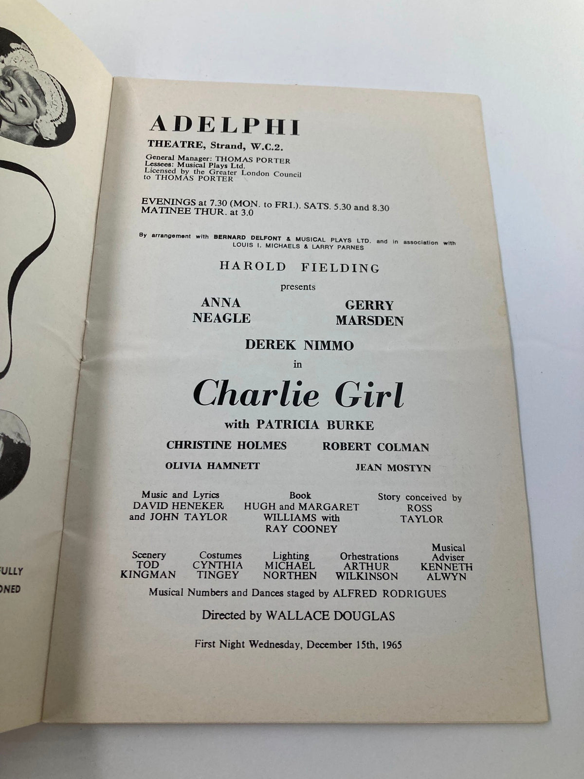 Inside page of the 1965 Program from Adelphi Theatre detailing cast and crew for 'Charlie Girl', featuring Anna Neagle and Derek Nimmo. A glimpse into classic theatre history.