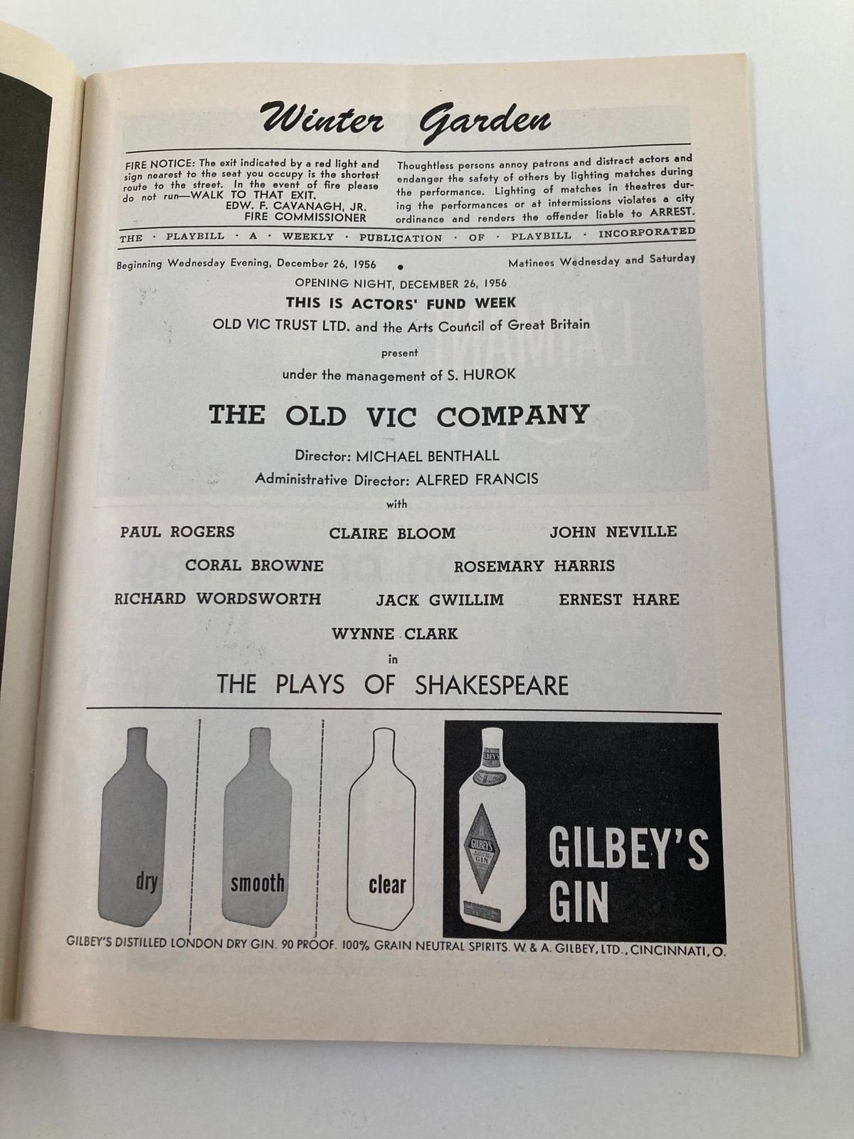 1956 Playbill for The Old Vic Company performing The Plays of Shakespeare at the Winter Garden Theatre, showcasing details of the production including director and cast information, along with an advertisement for Gilbey's Gin.