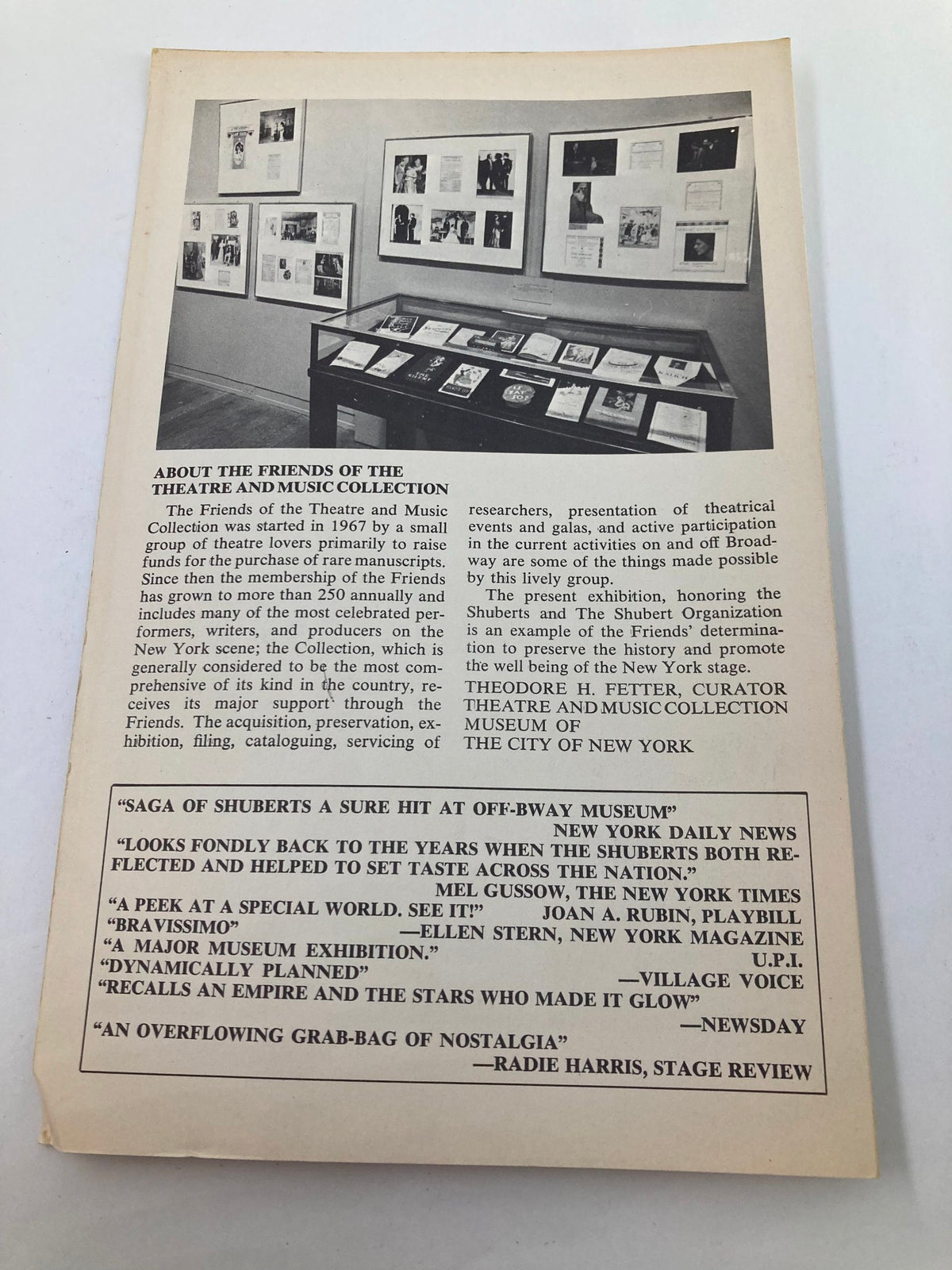 Back cover of the 1926 Playbill 'A Salute To The Shuberts' with information about the Friends of the Theatre and Music Collection.