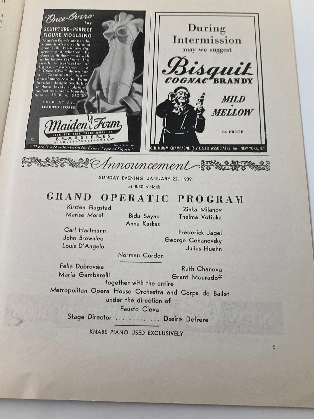 Inside page of the 1939 Program Metropolitan Opera House featuring advertisements and the Grand Operatic Program lineup for January 22, 1939.