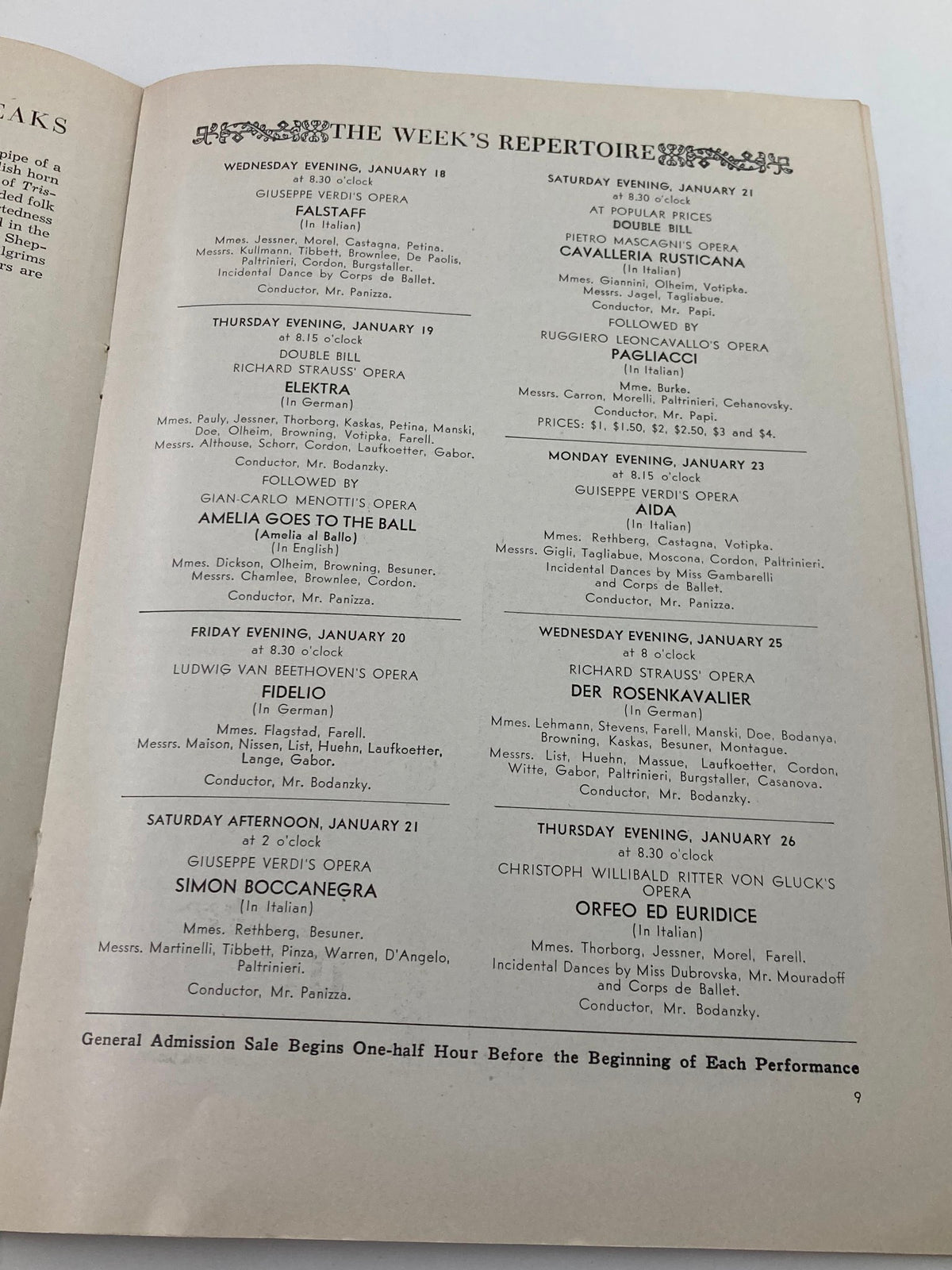 Weekly repertoire page from the 1939 Program Metropolitan Opera House, listing performances scheduled for January 18 to January 26, 1939.