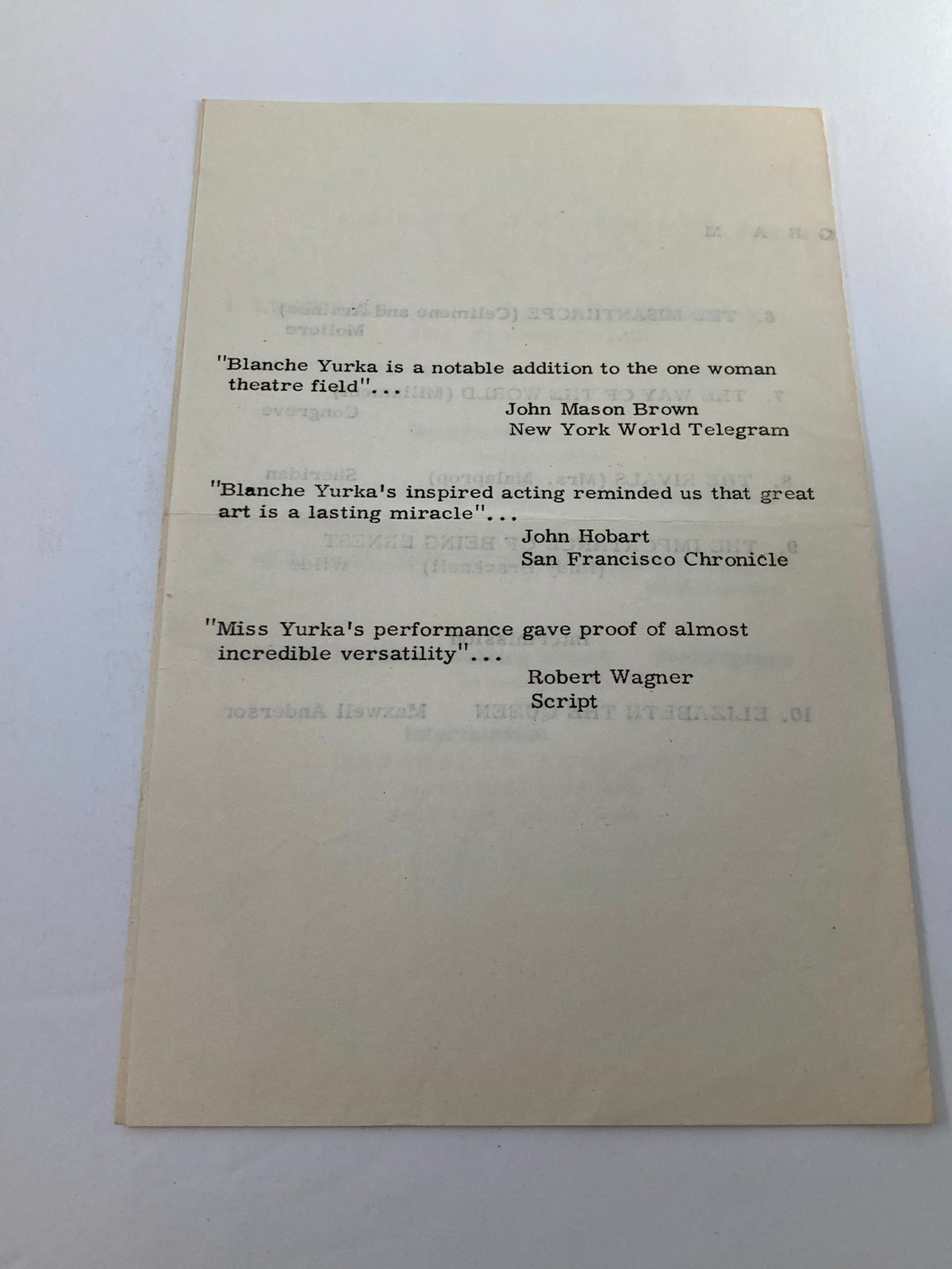 1951 Program The Anta Playhouse Blanche Yurka 'Elizabeth The Queen' - Back page displaying critical acclaim and reviews of Blanche Yurka's performance.