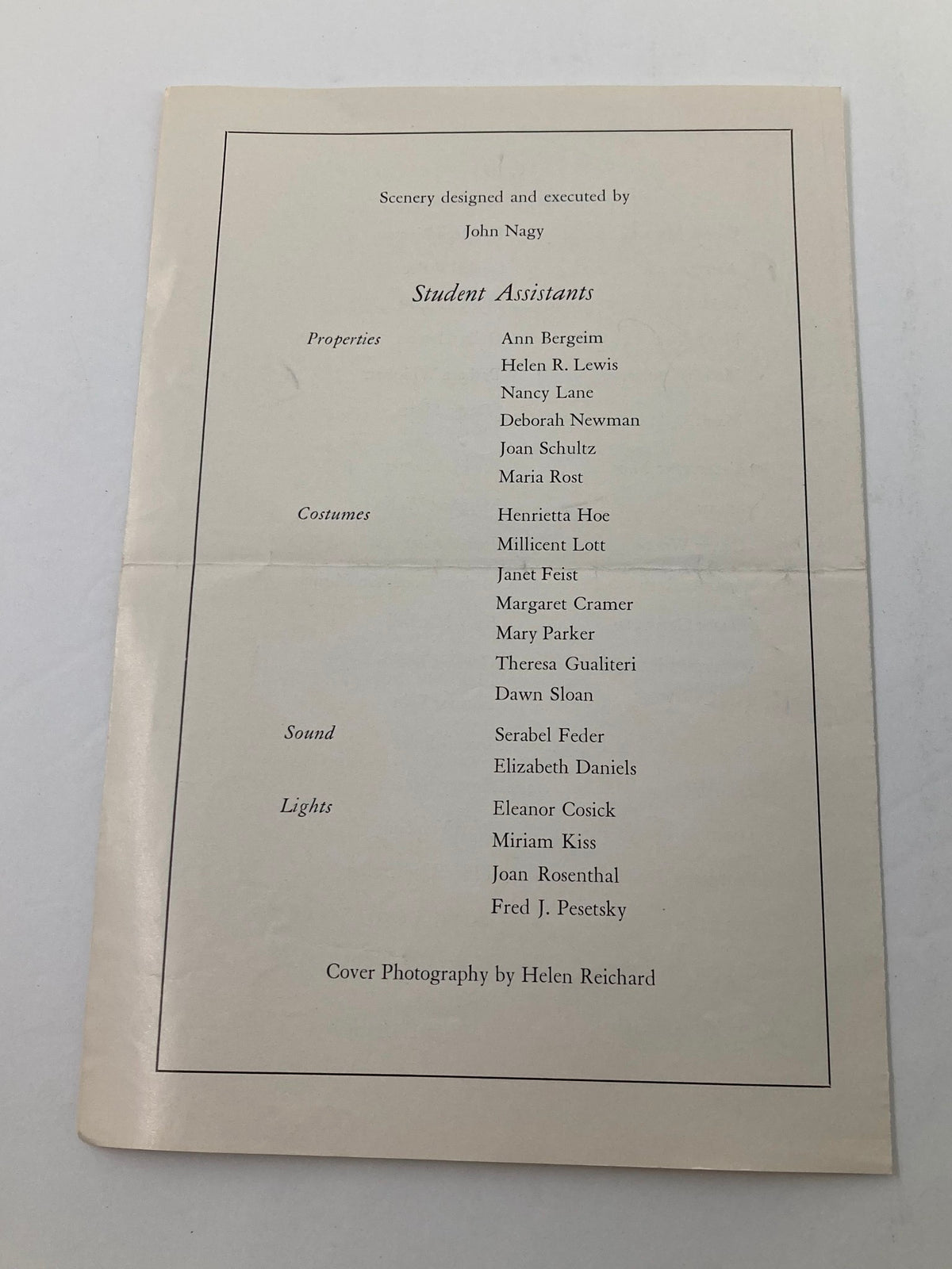 1950's Program for Goodbye My Fancy by Fay Kanin, detailing student assistants and production credits for the theatrical performance.