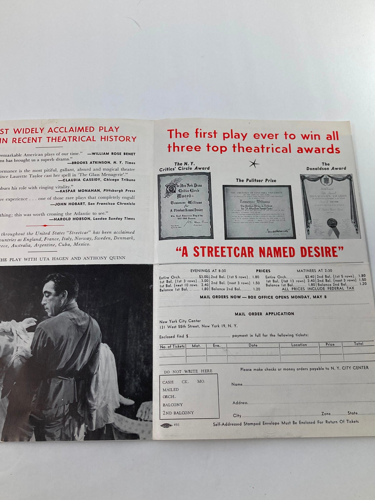Inside view of the 1951 program for 'A Streetcar Named Desire' showing ticket pricing and accolades, featuring Uta Hagen's performance.