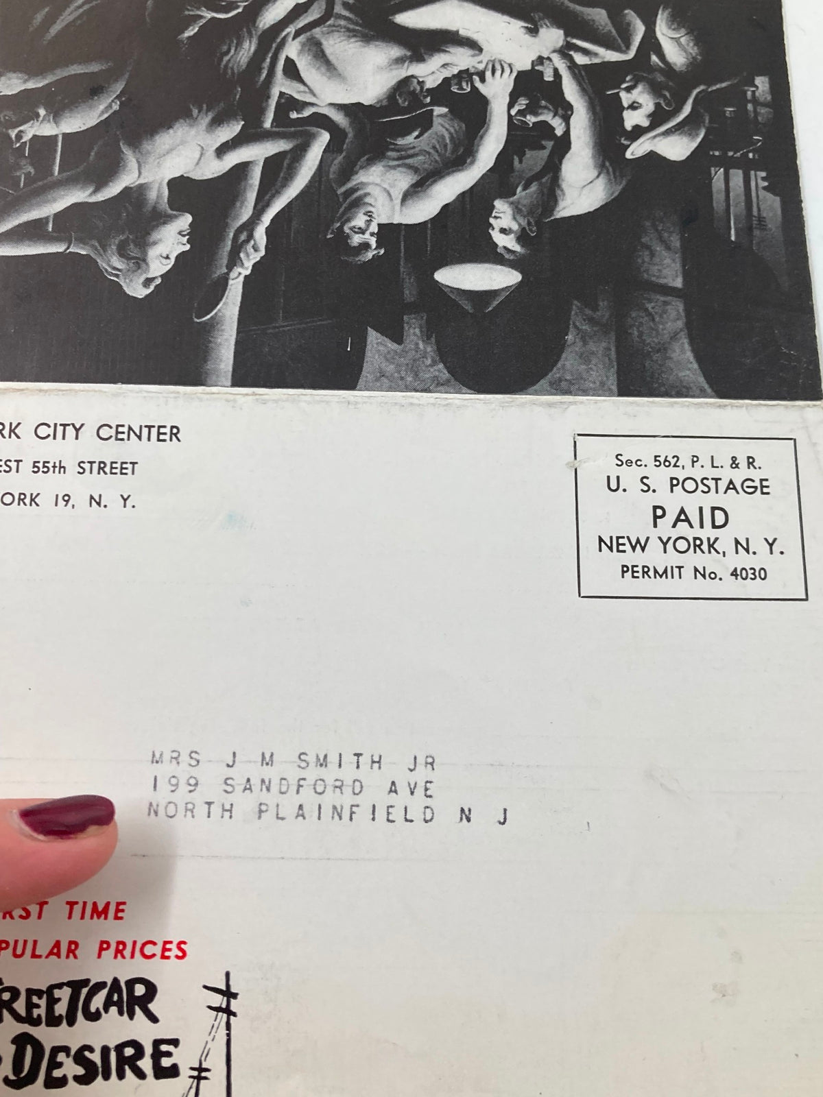 Vintage 1951 program from New York City Center featuring Uta Hagen in A Streetcar Named Desire, showing theatrical imagery and postal details.
