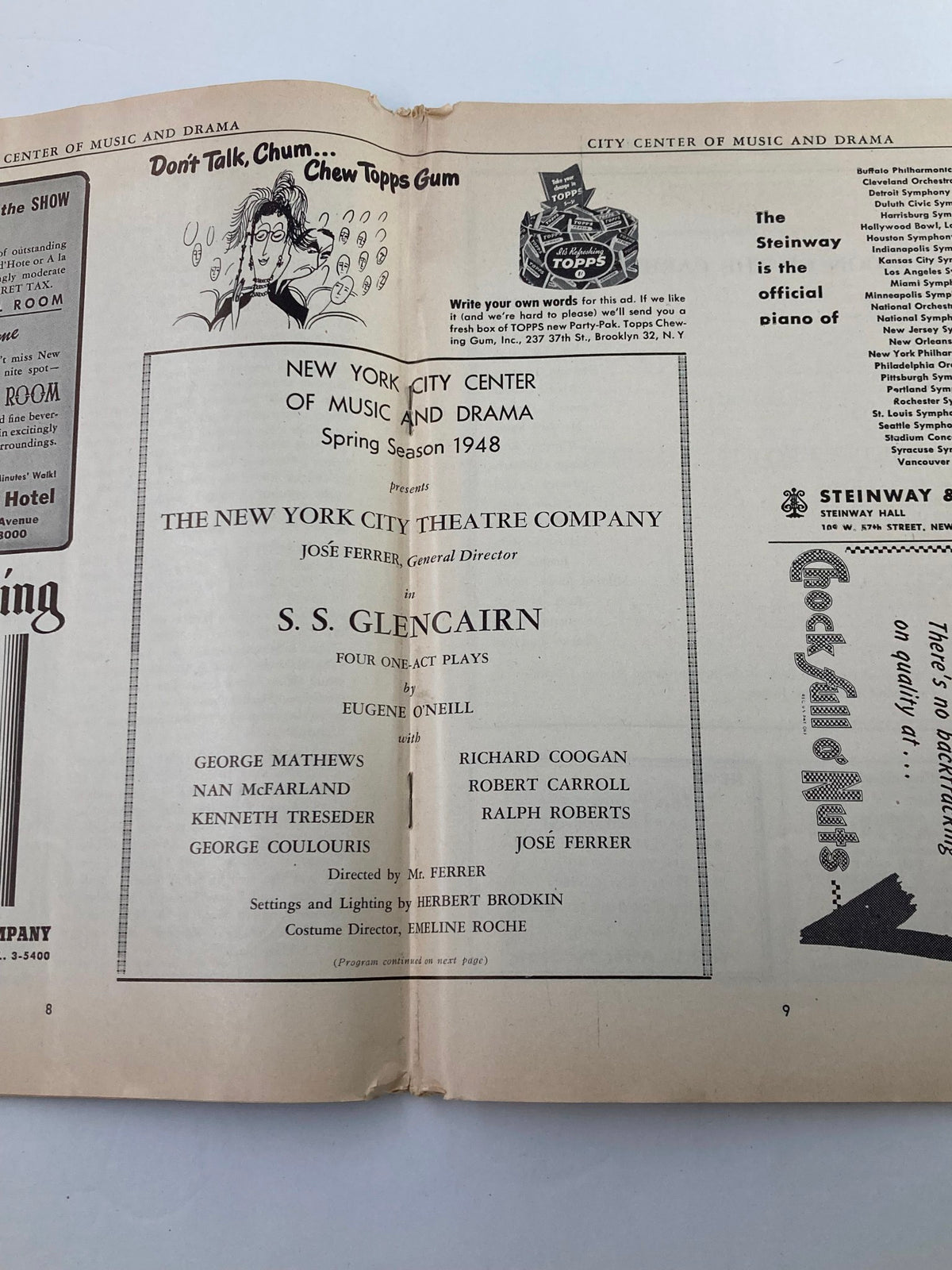 1948 Program Magazine New York City Center featuring George Matthews in S.S. Glencairn including production details, cast list, and promotional content for the performance.