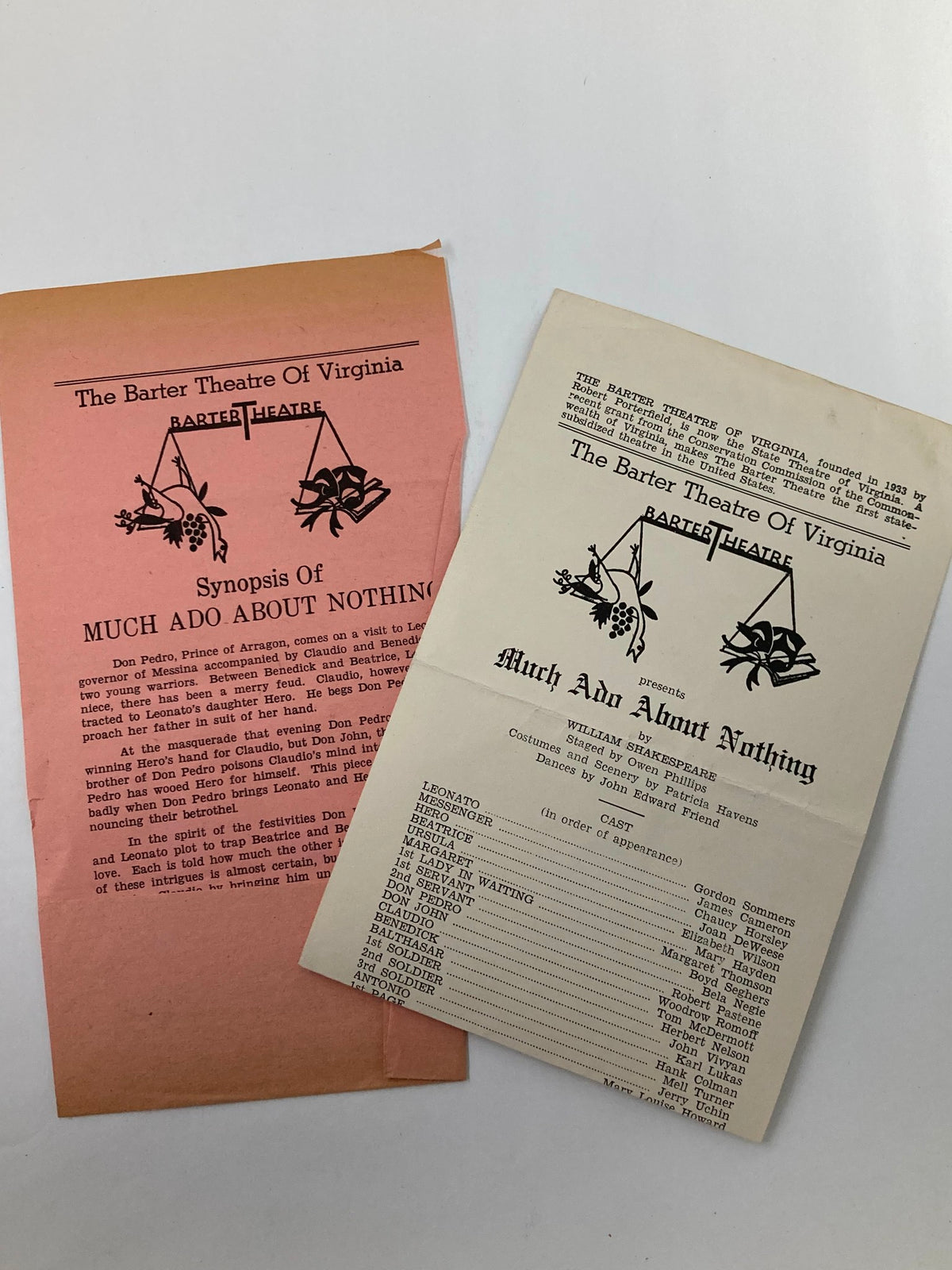 1946 Program from the Barter Theater of Virginia featuring the synopsis of Much Ado About Nothing and details about the performance.