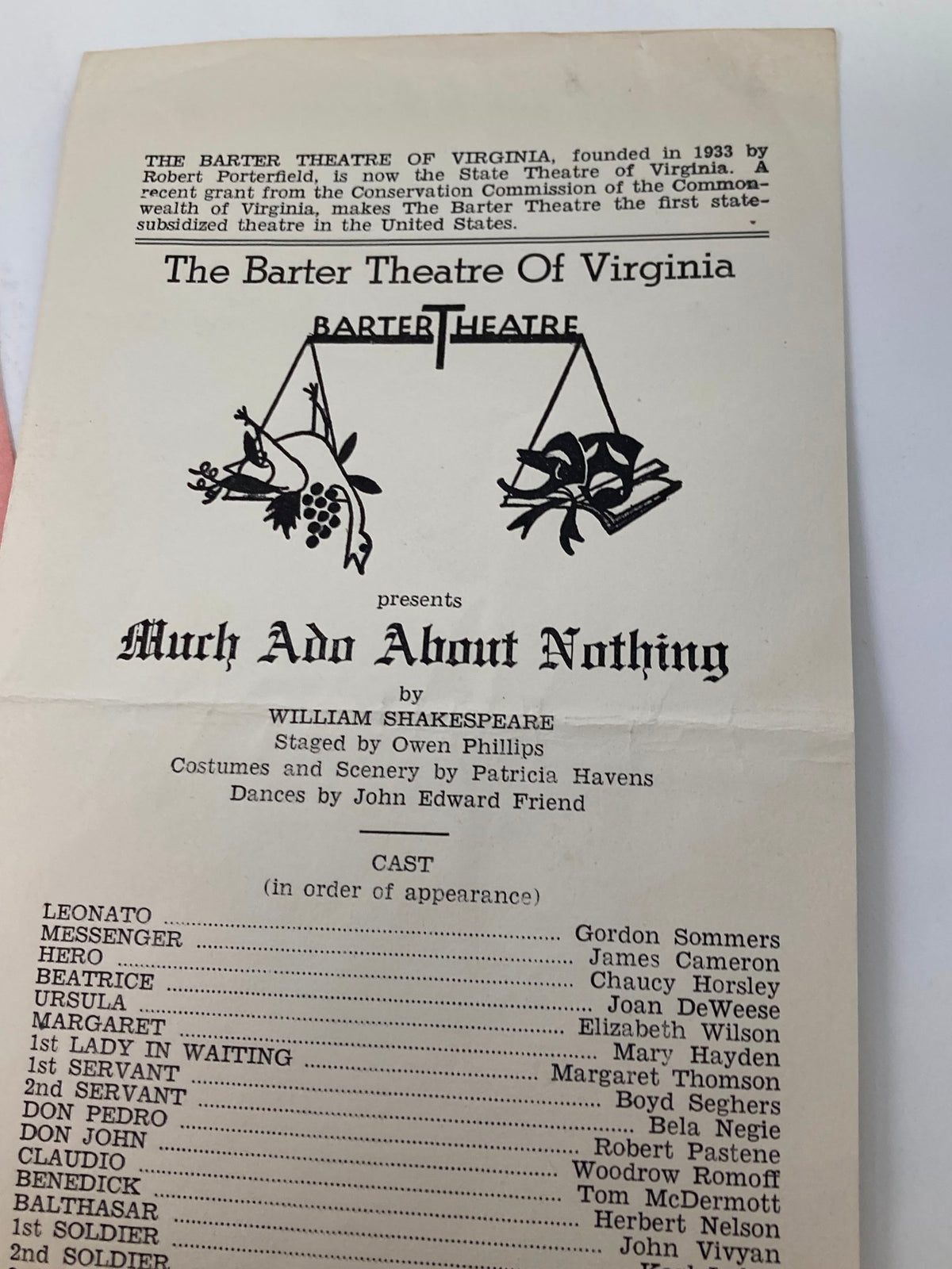 1946 Program from the Barter Theater of Virginia presenting Much Ado About Nothing, with cast details and production credits.