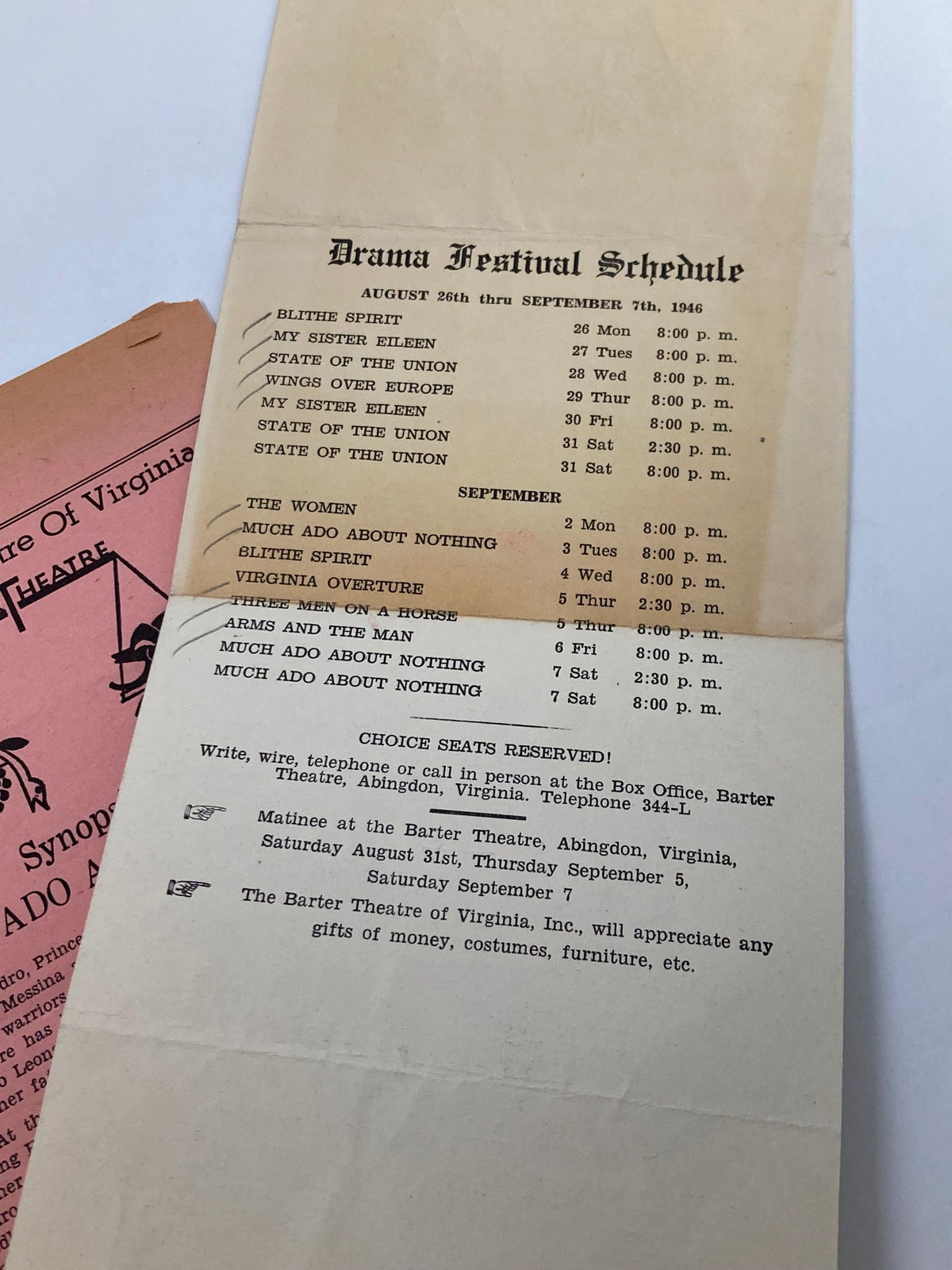 Drama festival schedule for the 1946 Barter Theater of Virginia program displaying performance dates including Much Ado About Nothing.