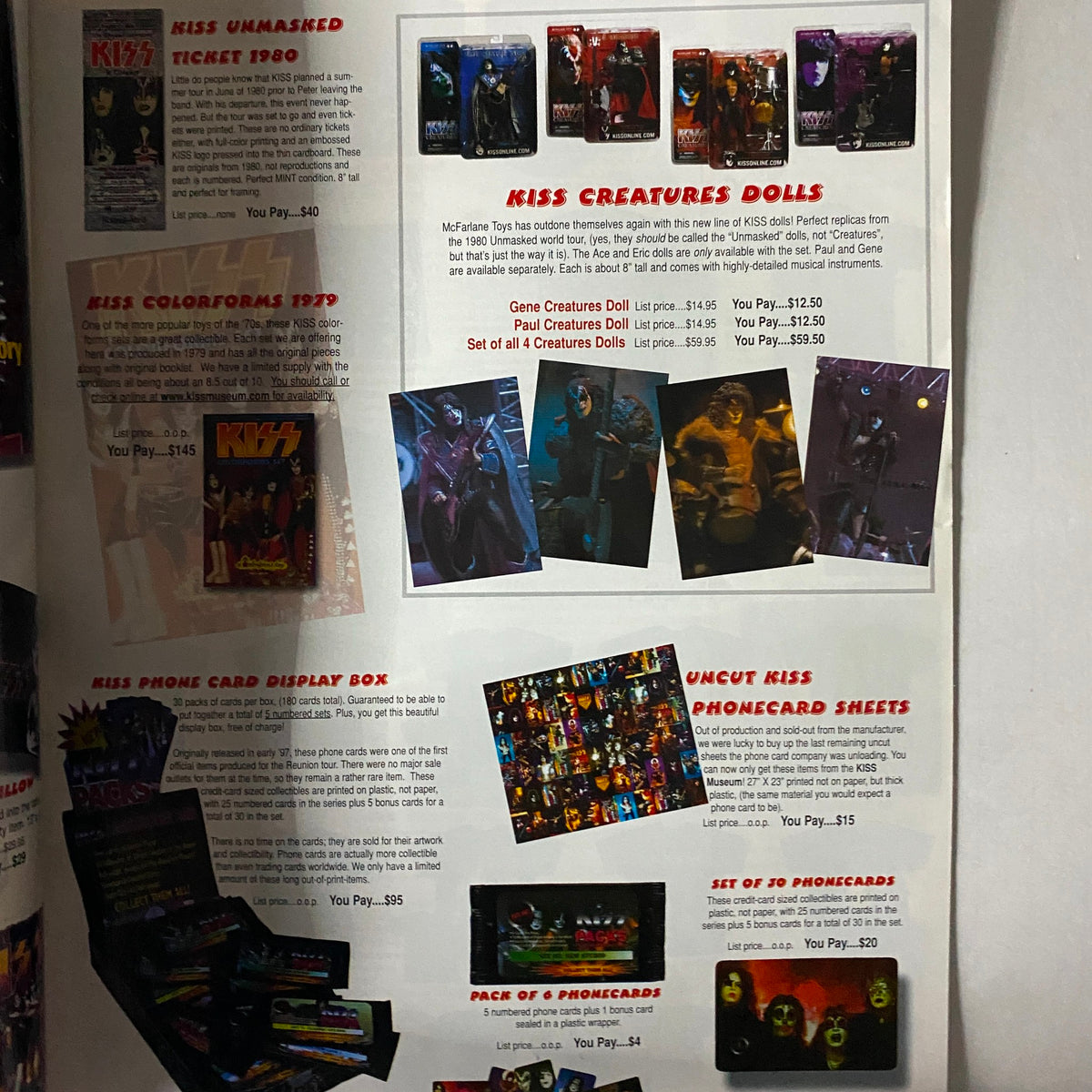 Inside page of the KISS Museum.com Catalog Fall 2002 showcasing KISS Unmasked Ticket from 1980, KISS Colorforms 1979, KISS Creatures Dolls, and KISS Phone Card Display Box.
