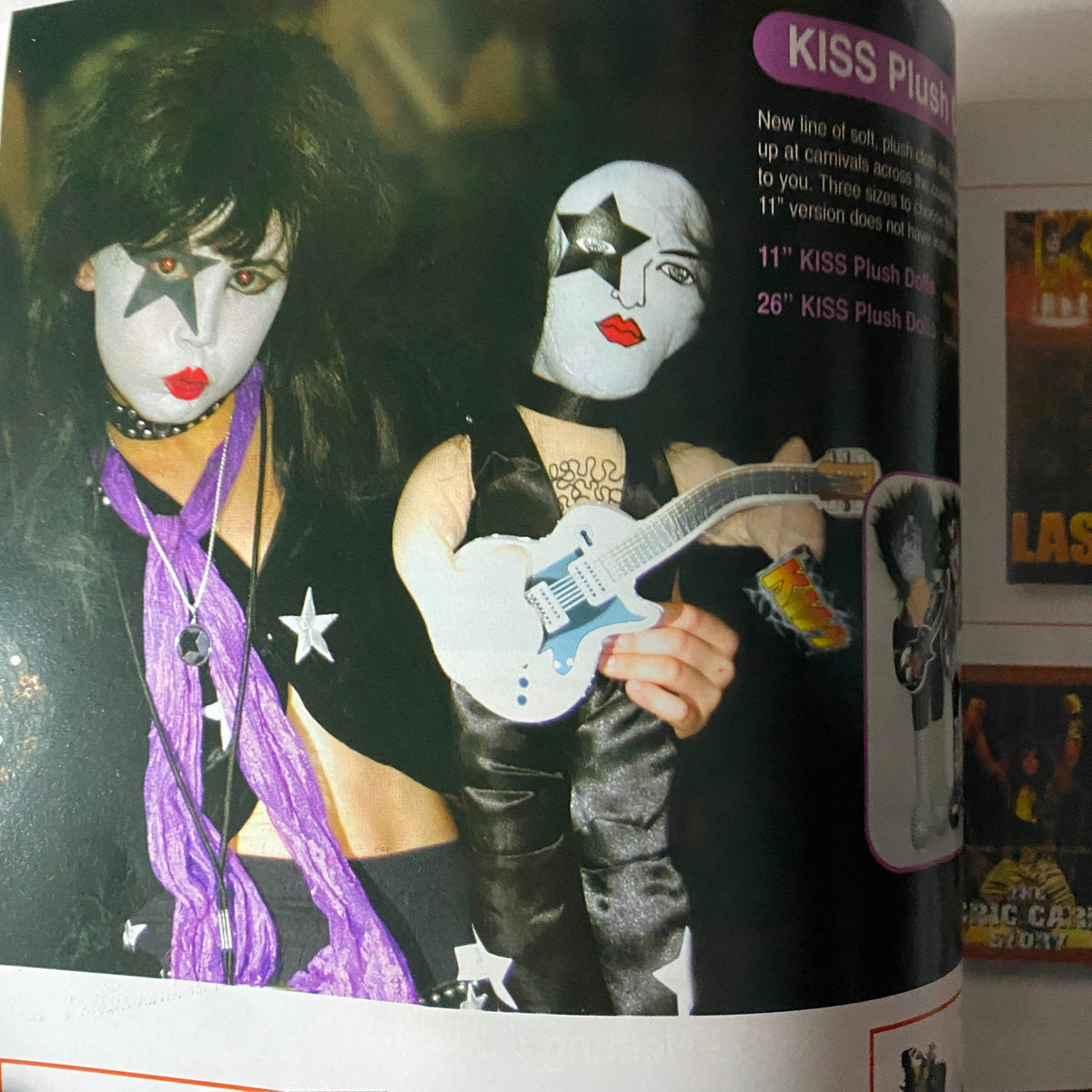Photo from the Summer 2004 KISS Museum.com Catalog depicting KISS-themed plush dolls with individuals dressed in KISS-inspired costumes.