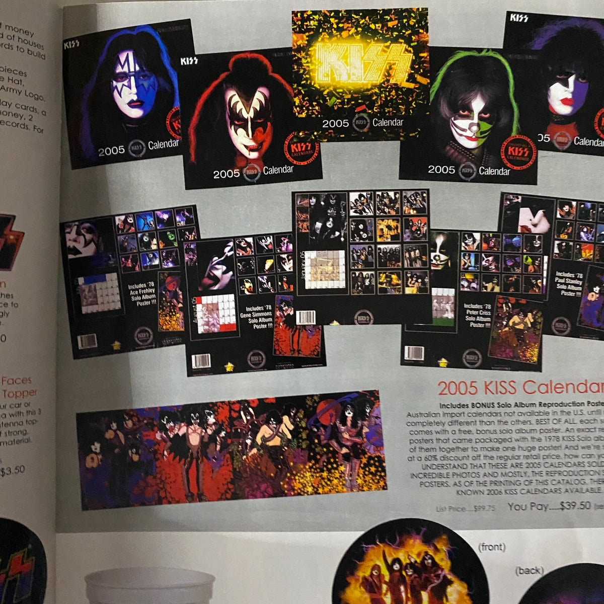Another interior page from KISS Museum.com Catalog 2006 featuring the 2005 KISS calendar product line, displaying various KISS-themed merchandise.