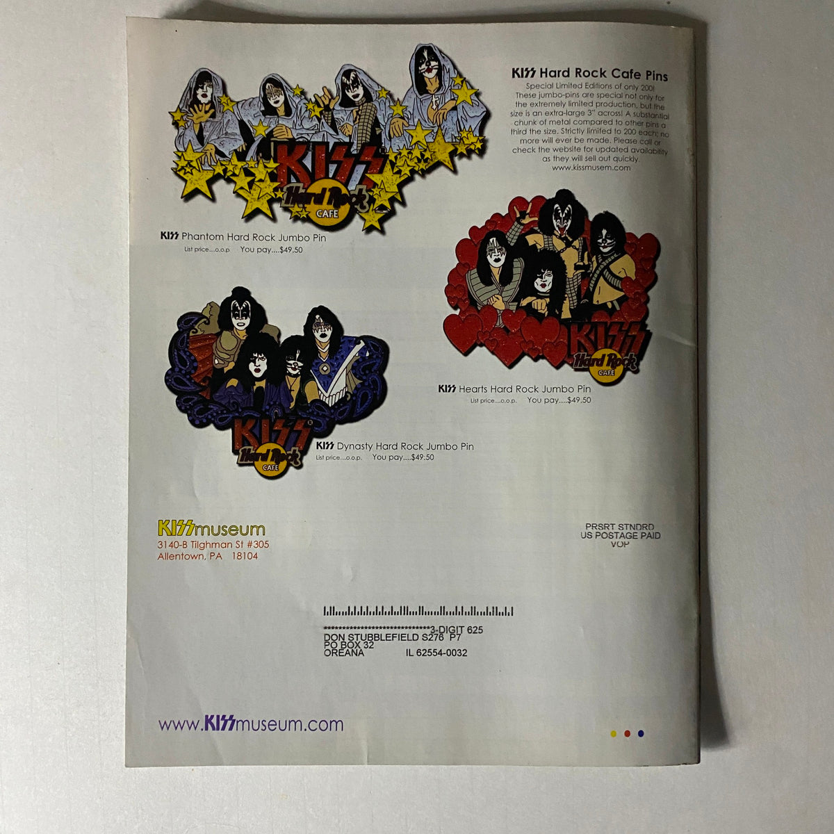 Back cover of KISS Museum.com Catalog 2006 showcasing KISS Hard Rock Cafe pins, focusing on limited edition collectible items.