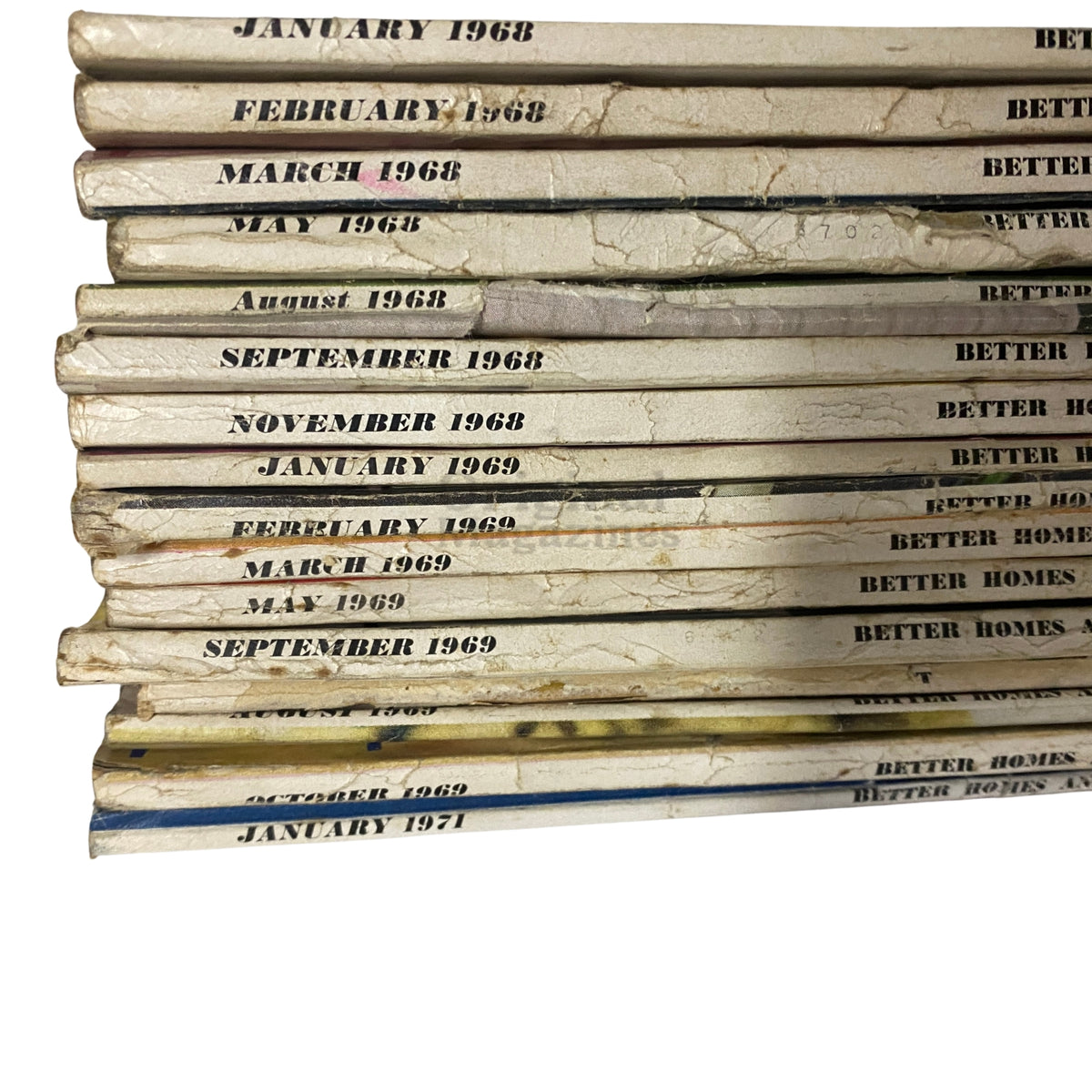Lot of 15 Better Homes and Gardens Magazine issues from 1968 to 1971, showcasing vintage magazine spines with publication dates such as January 1968, February 1968, and more. This collection highlights nostalgic design and mid-century aesthetics.