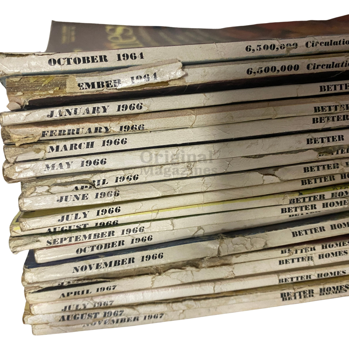 Detailed view of the spines and publication dates of Better Homes and Gardens magazines from 1964 and 1966, highlighting their preservation and vintage appeal.