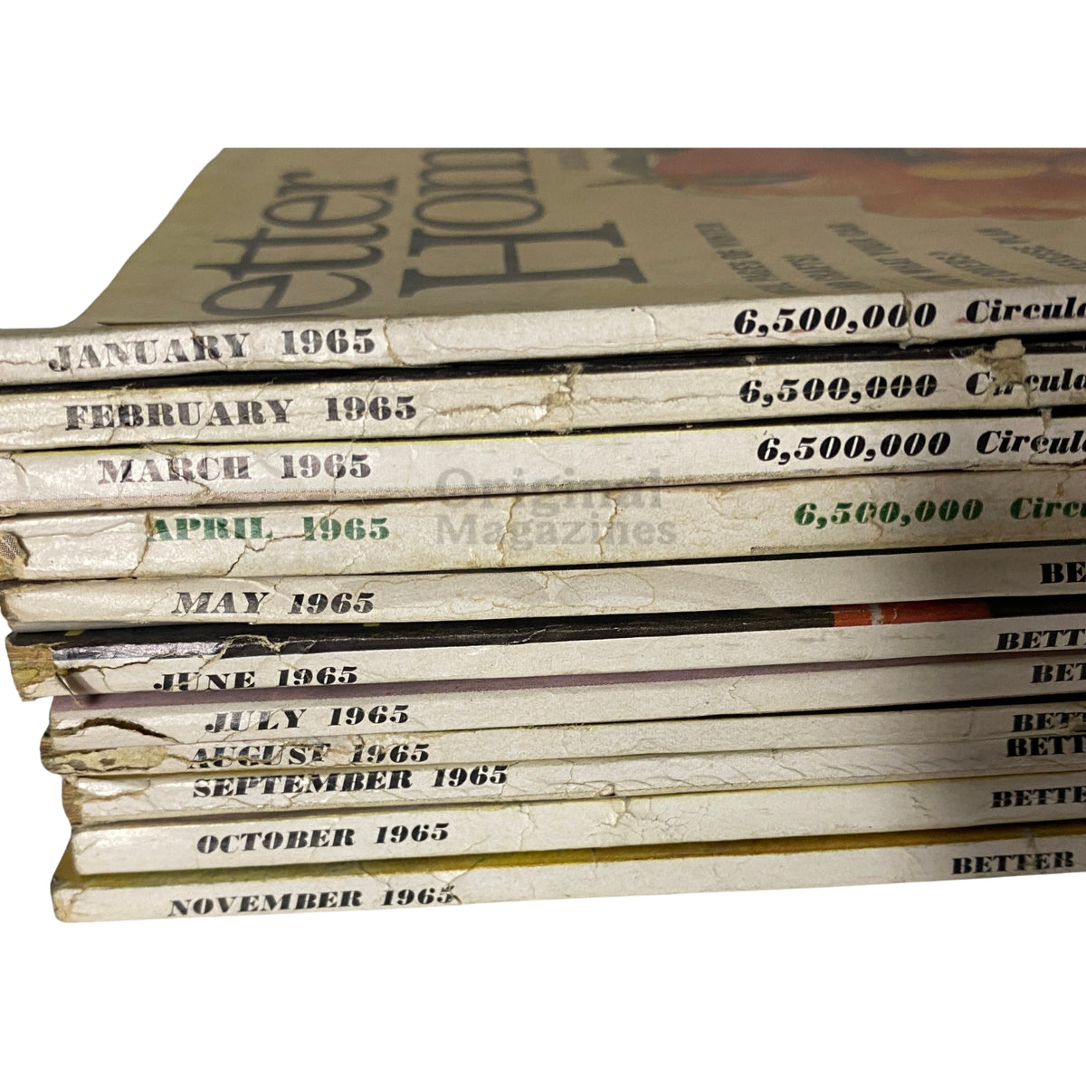 Lot of 11 Better Homes and Gardens Magazine January - November 1965, showcasing vintage magazine covers with detailed publication months.