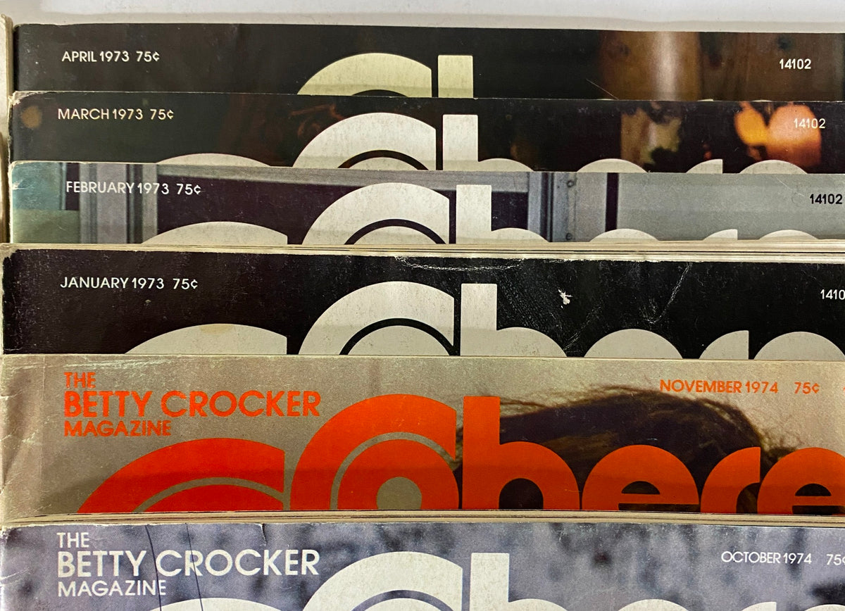 Collection of Betty Crocker Sphere magazines from the early 1970s, illustrating historical culinary trends and magazine designs. Valuable for collectors and lovers of vintage recipes.