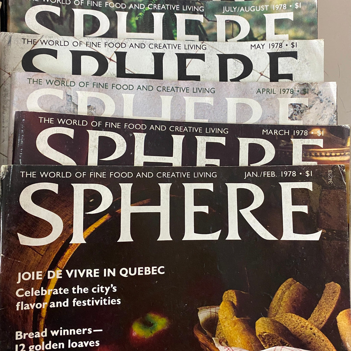 Display of Betty Crocker Sphere magazine covers from January 1978 to July/August 1978, featuring themes of food and creative living, included in the lot of 61 Betty Crocker Sphere Magazine January - December 1972 - 1978.