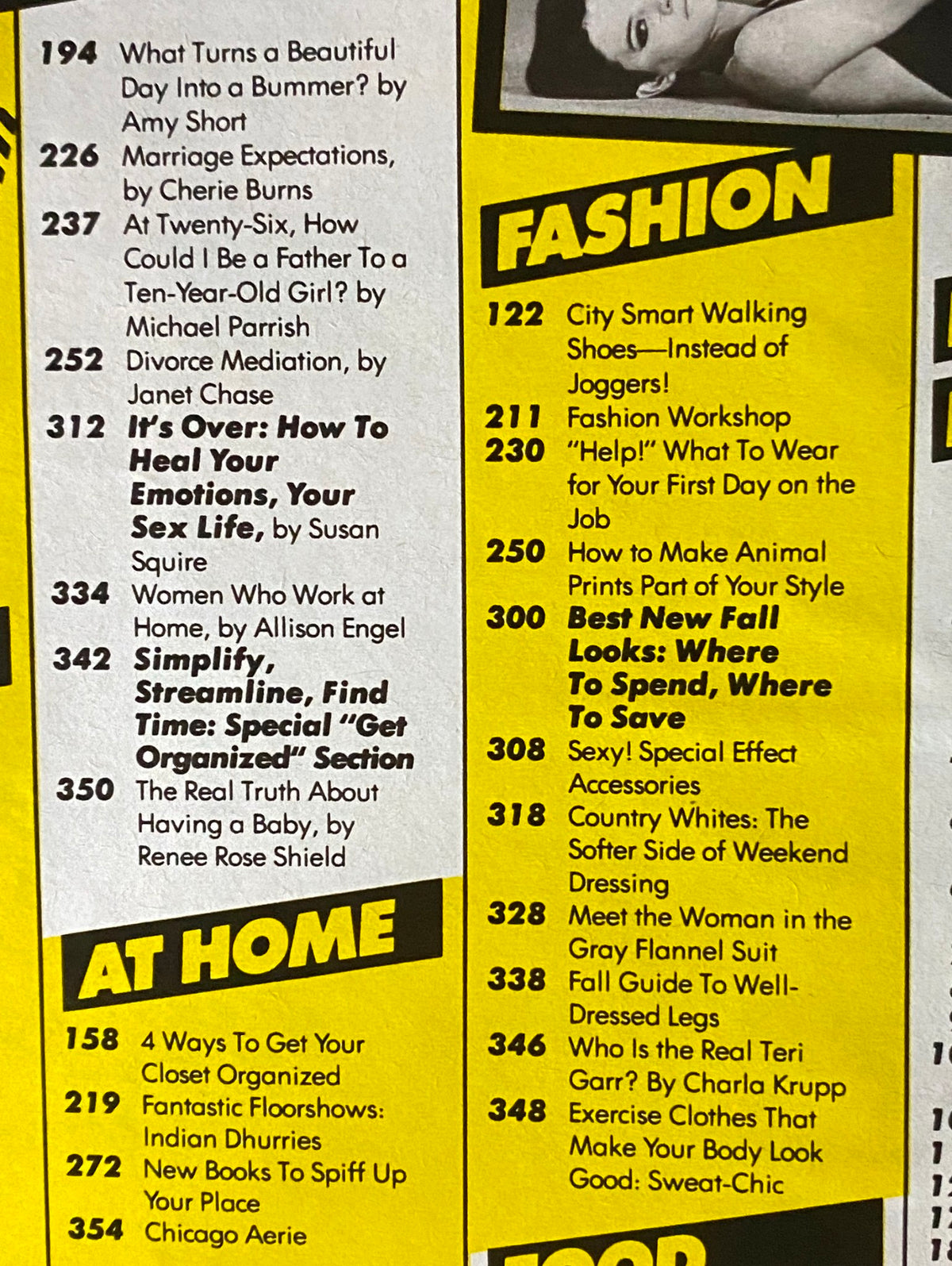 Table of contents from Glamour Magazine September 1983 highlighting various articles on fashion, organization, and emotional healing tips for women.