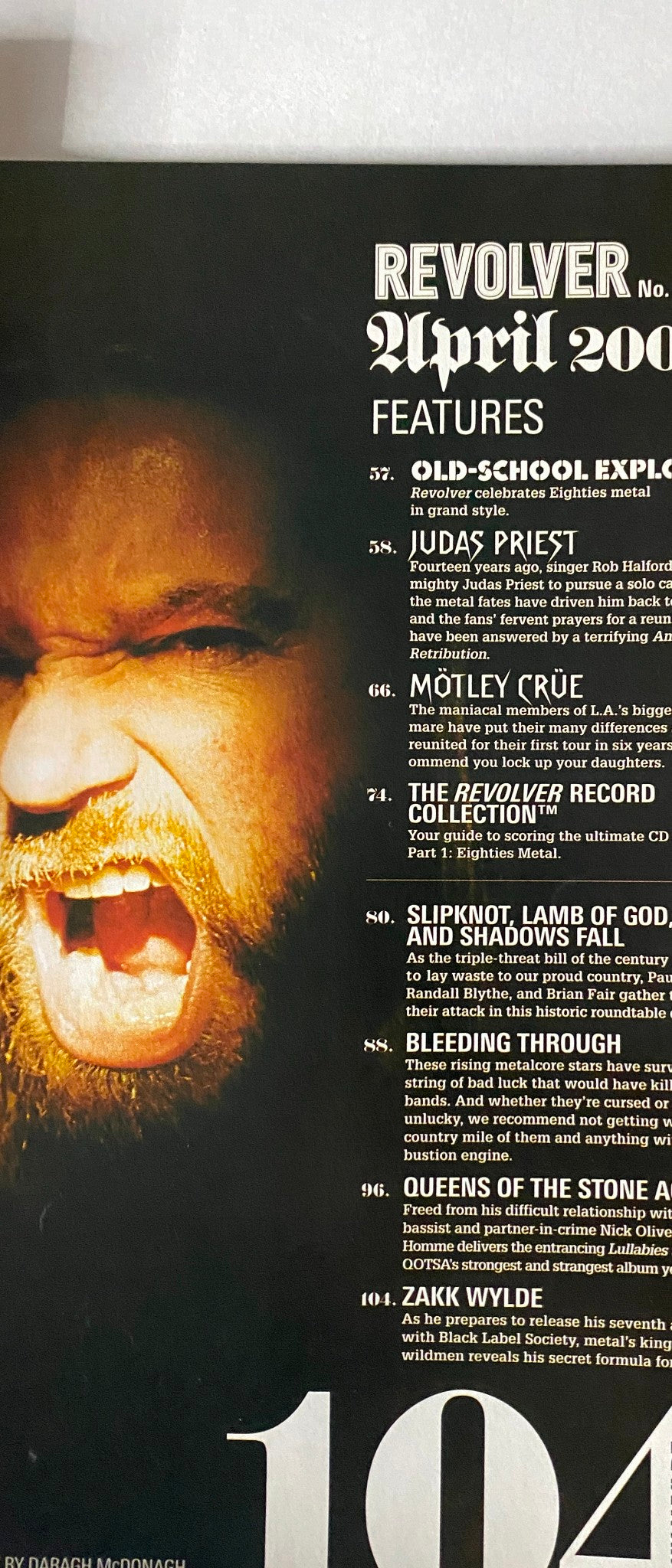Inside page of Revolver Magazine April 2005 highlighting features including stories on Judas Priest and Mötley Crüe, emphasizing the magazine's dedication to rock and metal music.