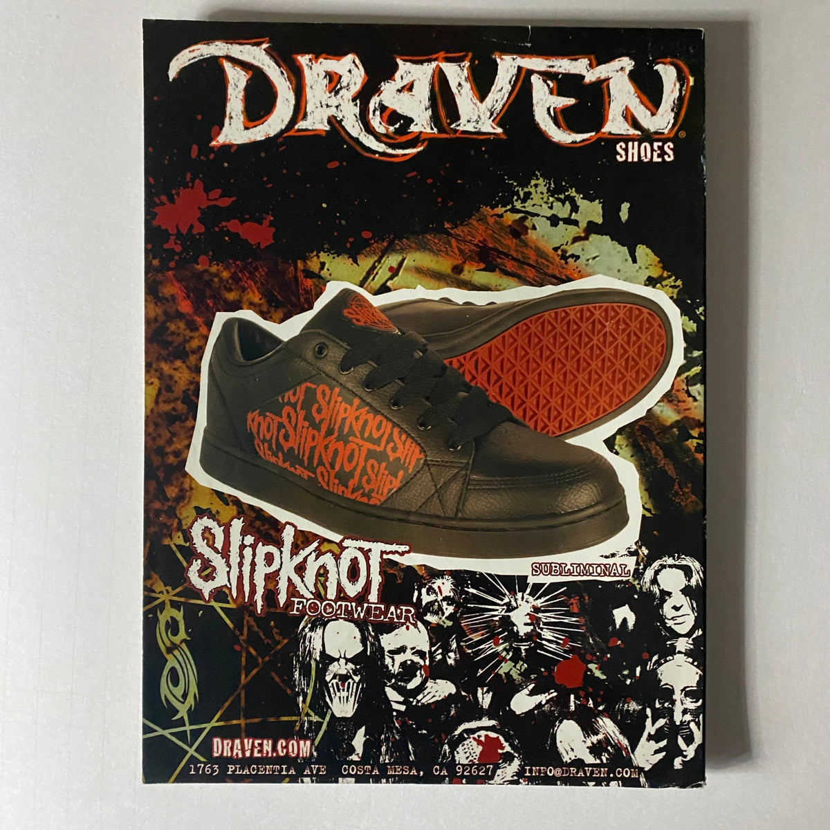 Draven Shoes advertisement featuring Slipknot footwear, showcasing a stylish black sneaker with Slipknot branding against a vibrant, edgy background. Perfect for fans of both Draven shoes and the iconic metal band. Part of the promotional content for Revolver Magazine April 2005 Mötley Crüe Cover w Poster VG No Label.