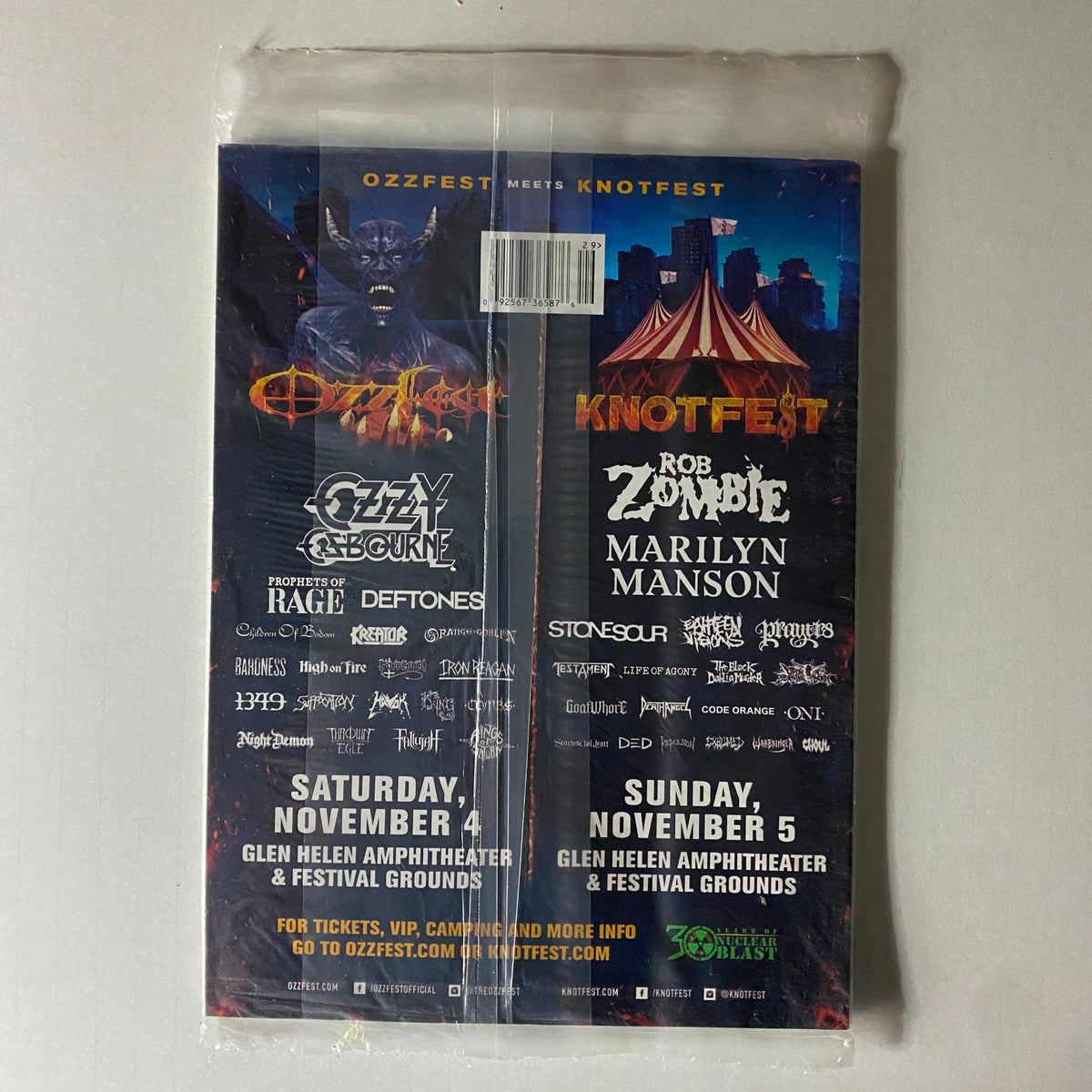 Back cover of Heavy Metal Magazine 2017 Issue No. 287 Music Special, featuring information about Ozzfest and Knotfest events, highlighting performances by Rob Zombie and others.