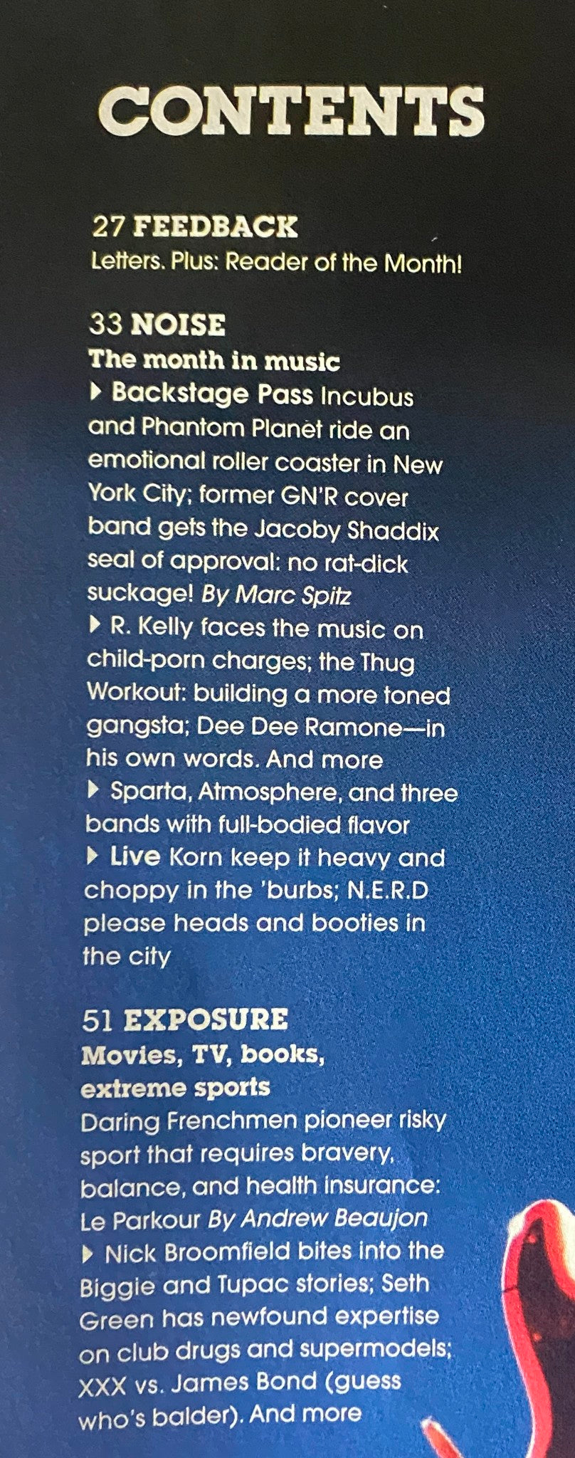 Contents page of Spin Magazine September 2002, detailing sections including Feedback, Noise, and Exposure, highlighting music and culture from the metal genre.